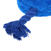 Jouet en peluche doux pour chien au visage heureux bleu avec couinement et bras en corde.