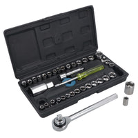 Flacher Steckschlüsselsatz 3/8" und 1/4" Dr. Metrisch und Imperial, 40-teilig, Ratschenschlüssel TE416