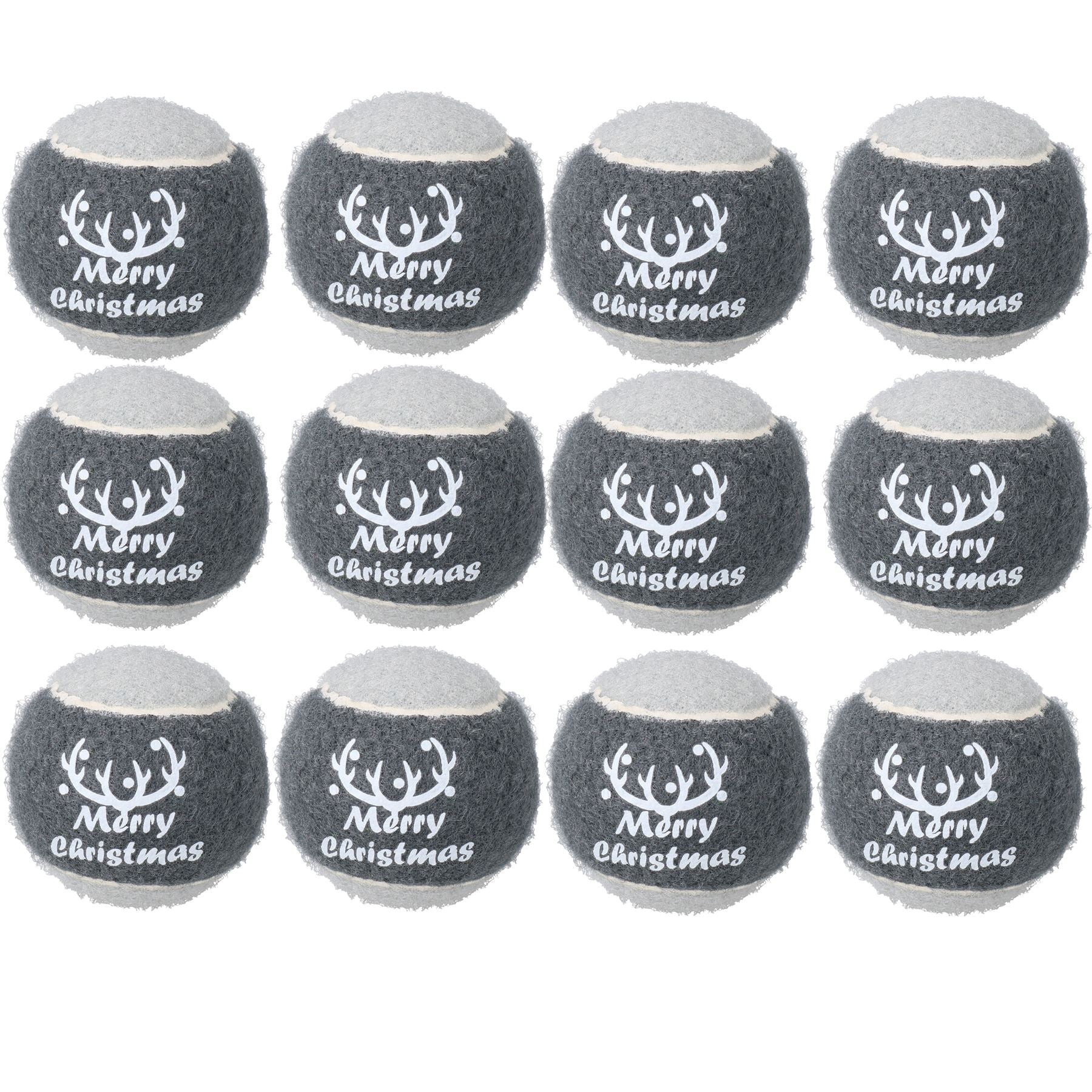 12PK Dog Festive Christmas Gift Grey 'Merry Christmas' Tennis Ball in Gift Box - 6cm