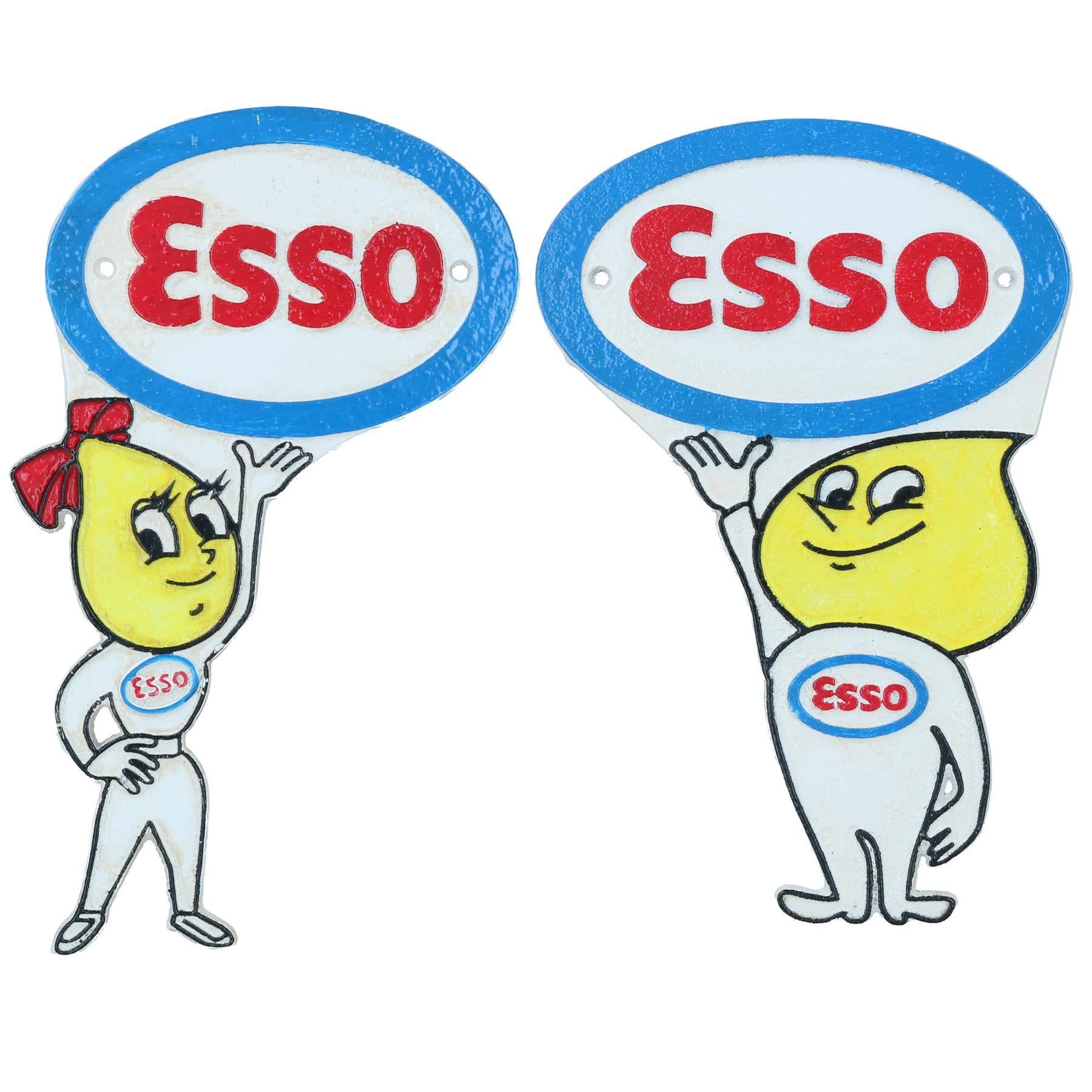 Esso Man Boy Girl Lady Plaque Sign Oil Drop Pair Cast Iron Shop Wall Door Garage