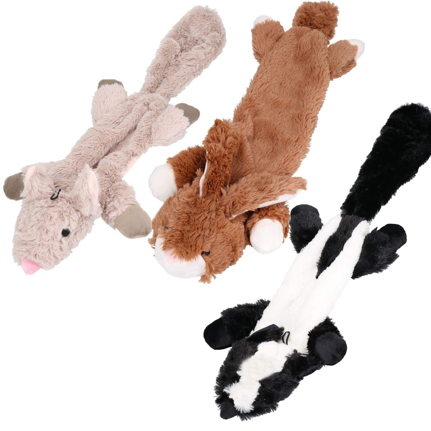 Set of 3 Plush Soft Unstuffed Chipmunk, Skunk & Rabbit Dog Toy With Squeak