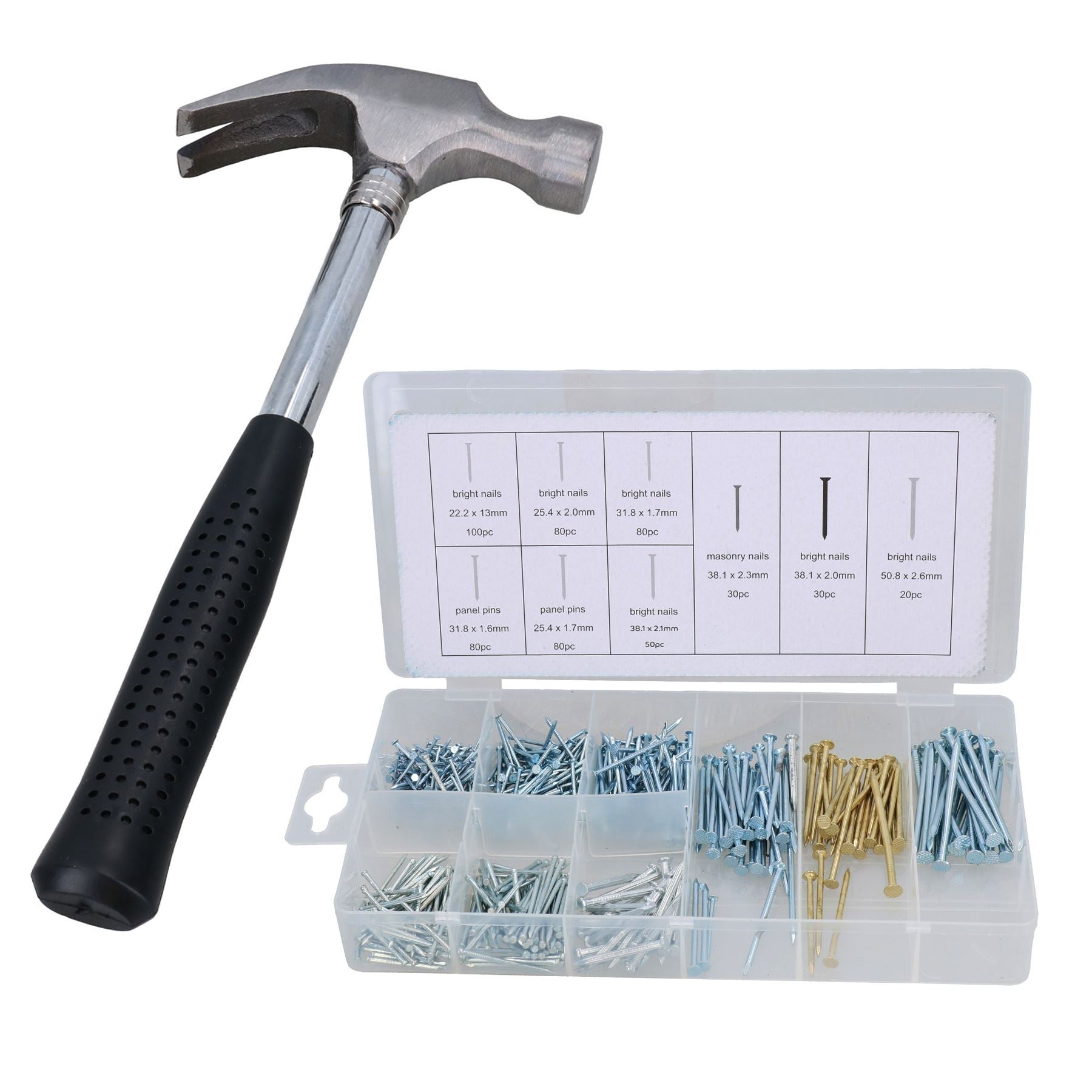 8oz Claw Hammer Nail Remover Installer 10” Long With 550pc Nail Assortment Set