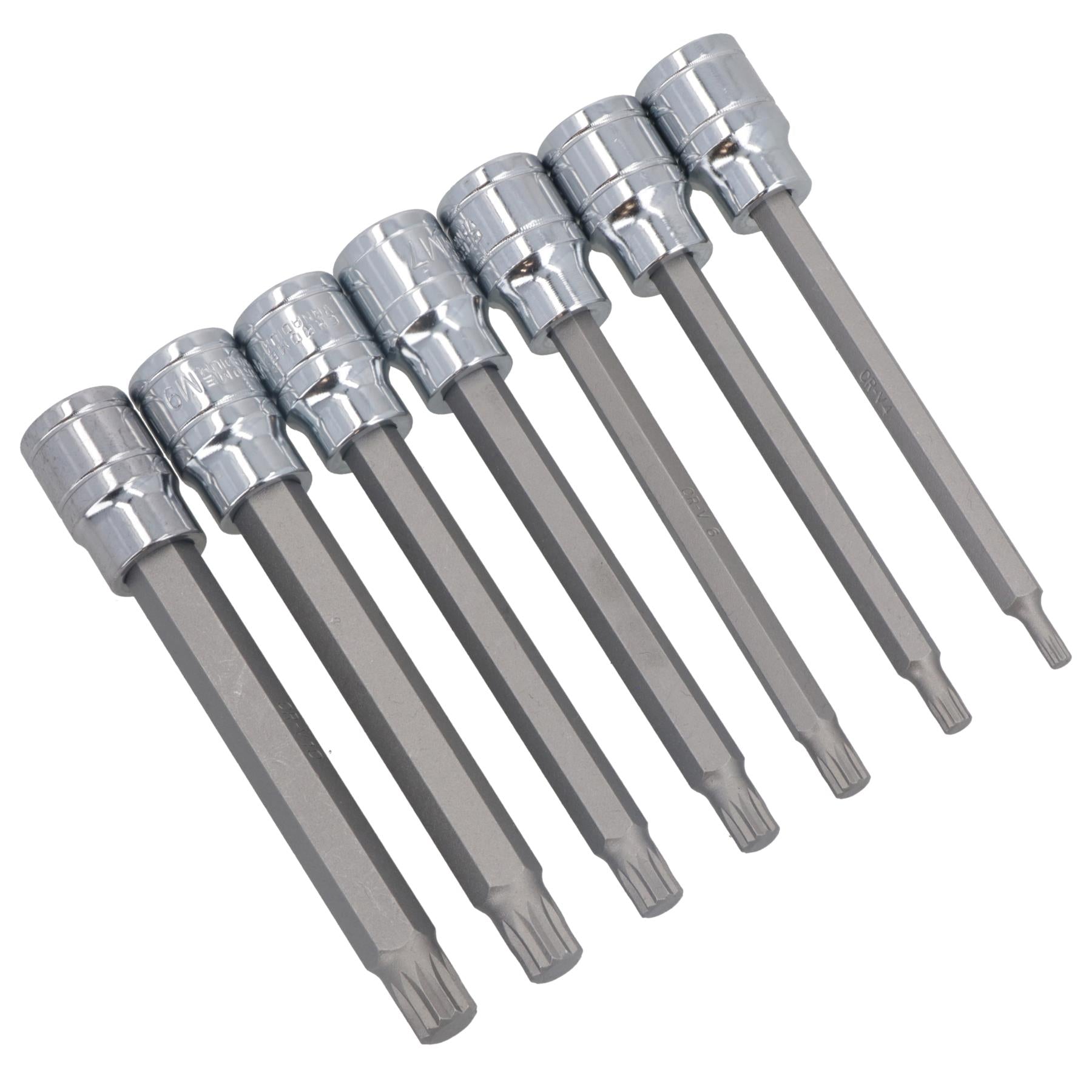 3/8" Antrieb, extralanger Außenvielzahn-Bit, Dreikant-Steckschlüsseleinsätze M4 - M10, 7-teiliger Satz