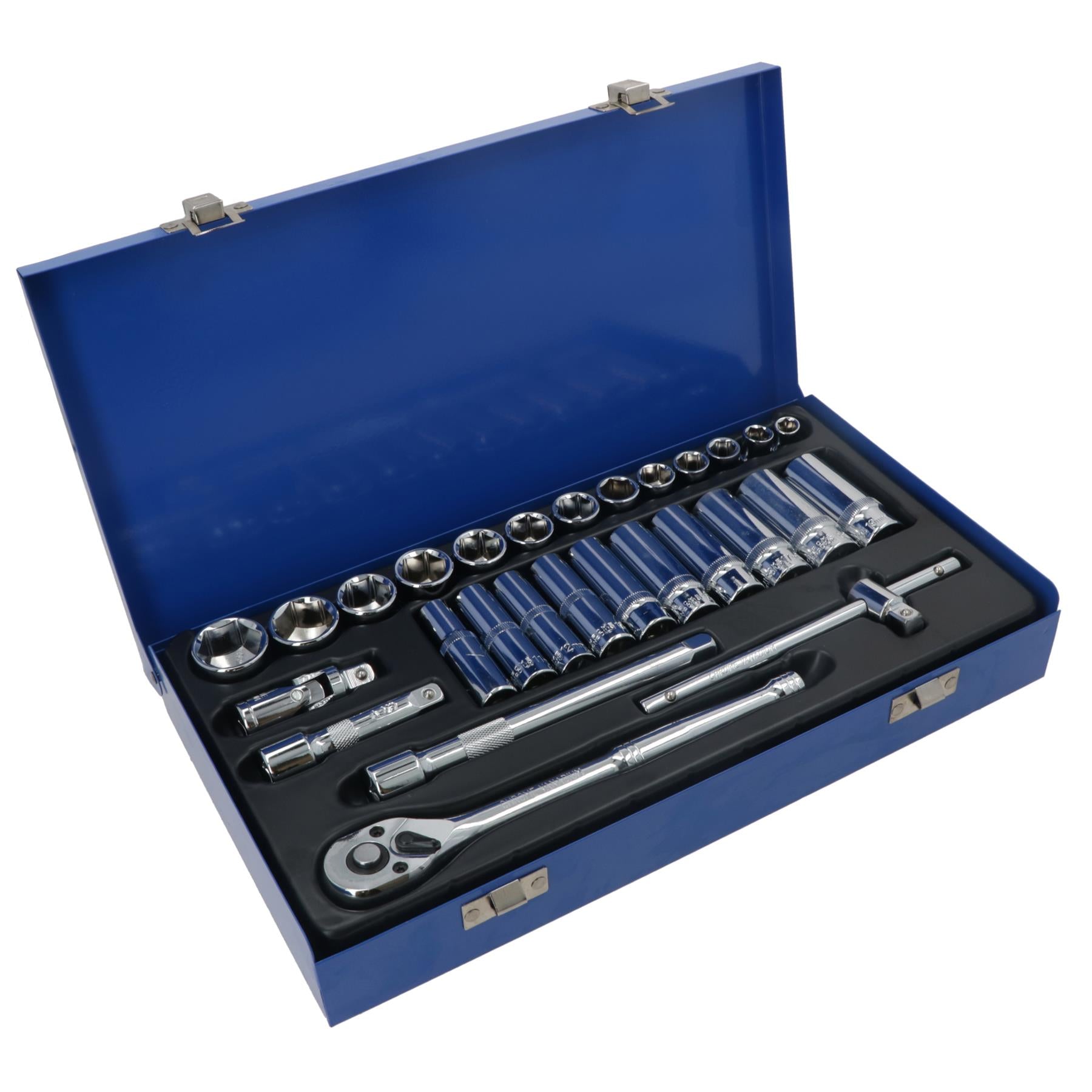 28-tlg. 3/8 Zoll Antrieb, metrisch, MM, flach + tief, Steckschlüssel- und Zubehörsatz 8 – 24 mm