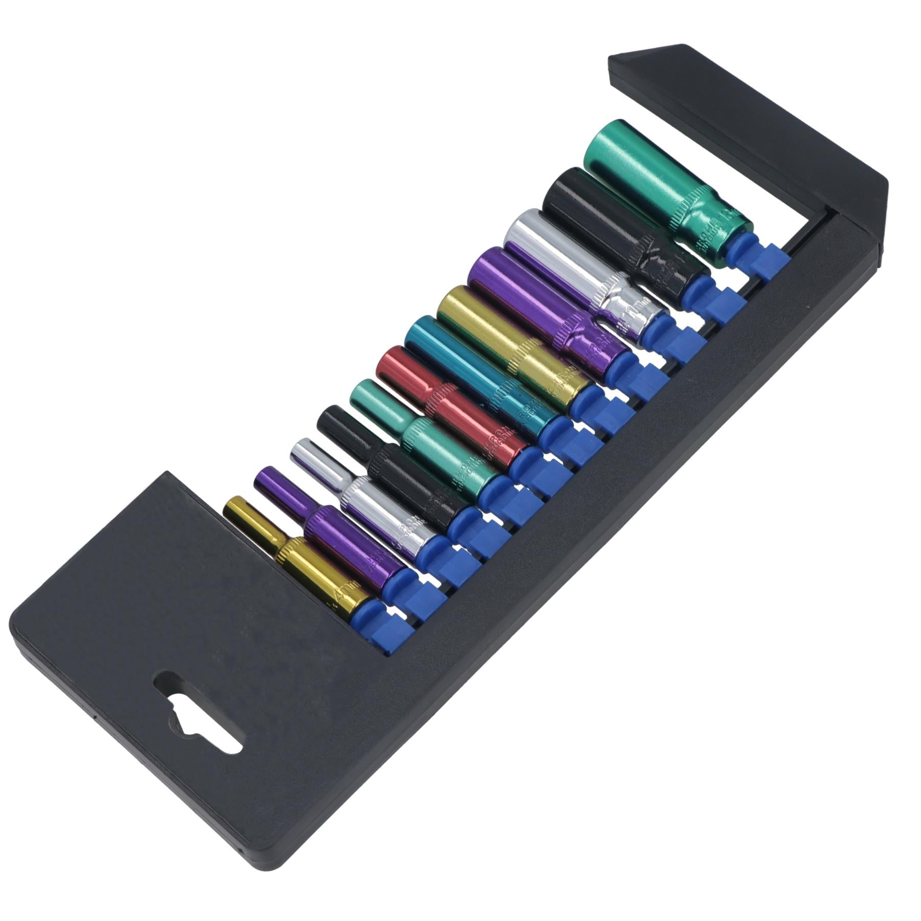 12pc Coloured 1/4" Dr Deep Sockets 6 Point Hex Metric 4 - 13mm With Rail