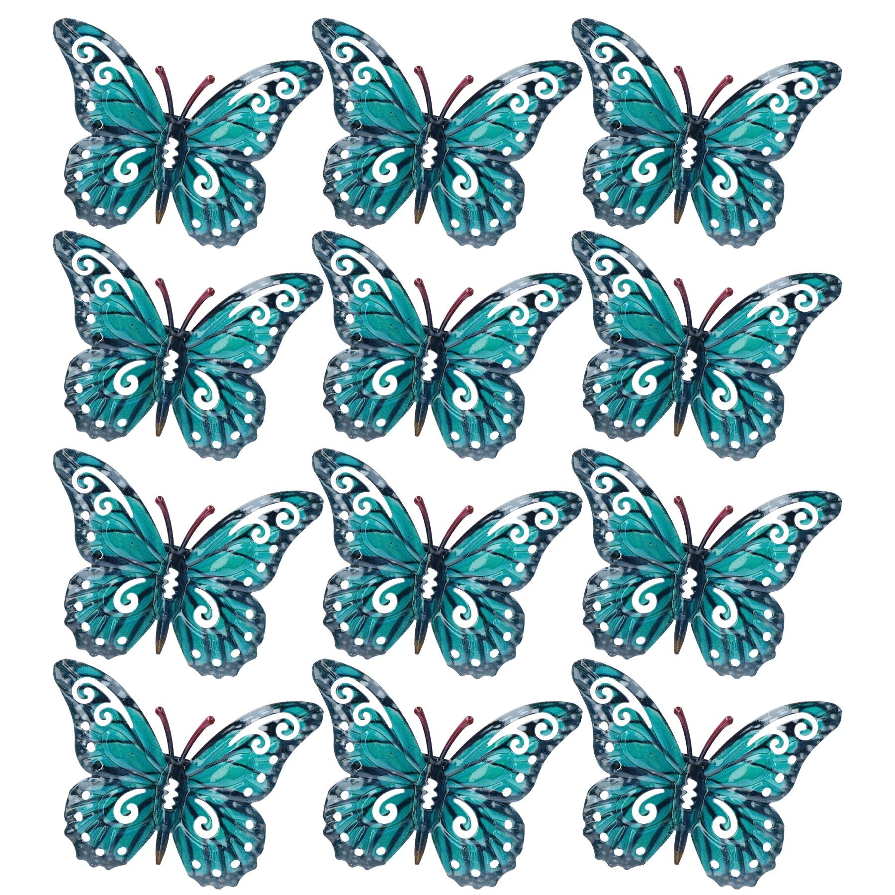 Set of 12 Blue Small Metal Butterflies Garden/Home Wall Art Ornament