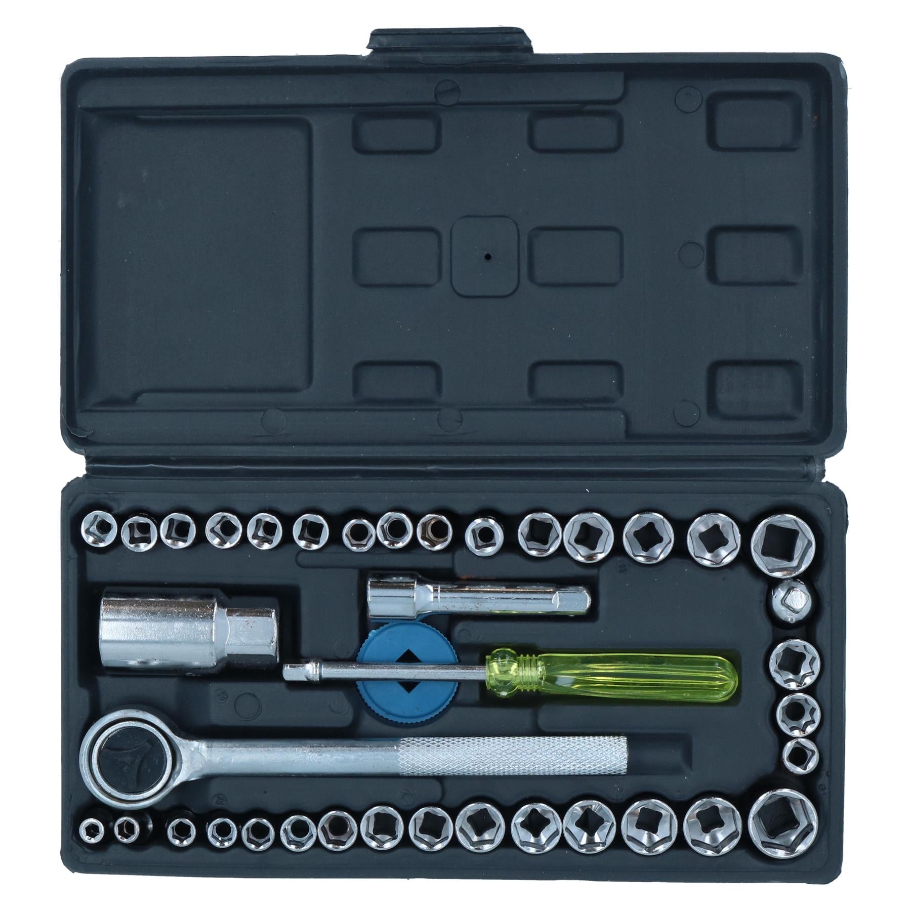 Flacher Steckschlüsselsatz 3/8" und 1/4" Dr. Metrisch und Imperial, 40-teilig, Ratschenschlüssel TE416