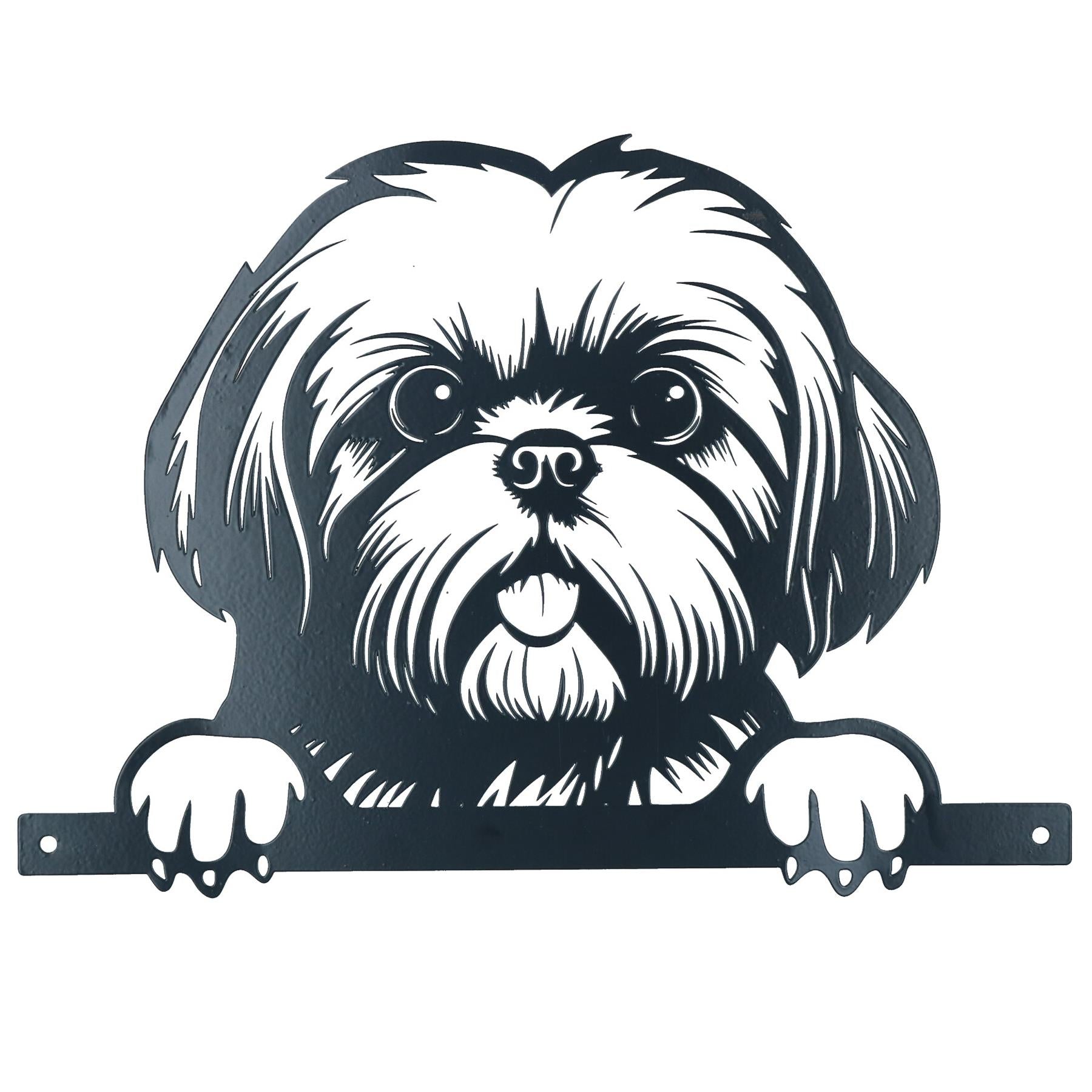 Black Metal Peeking Shih Tzu Silhouette with Fixing Plate Garden Ornament Gift