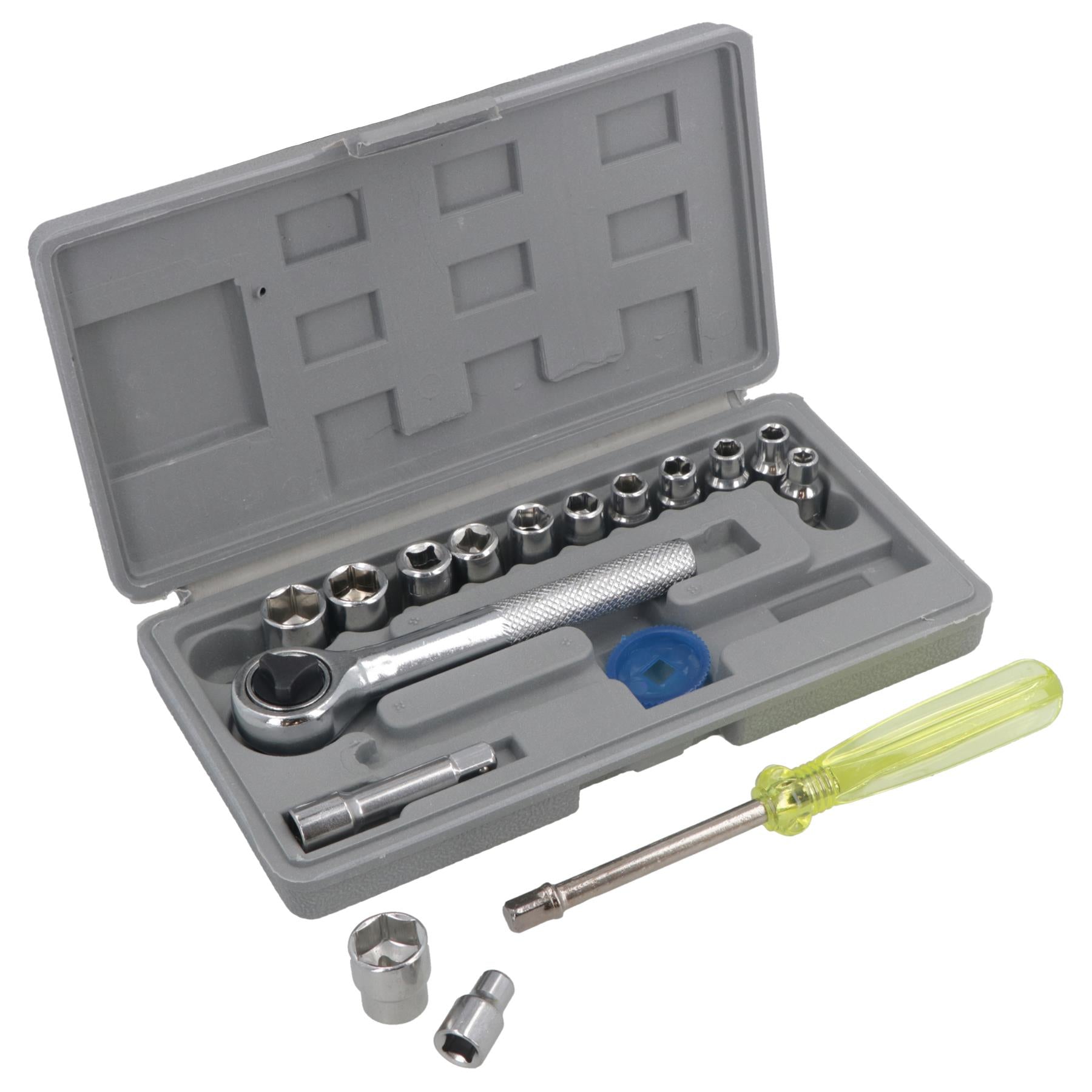 1/4"-Antrieb, flacher Steckschlüsselsatz mit Ratsche, 17-teilig, metrisch, 4 mm bis 13 mm, TE397