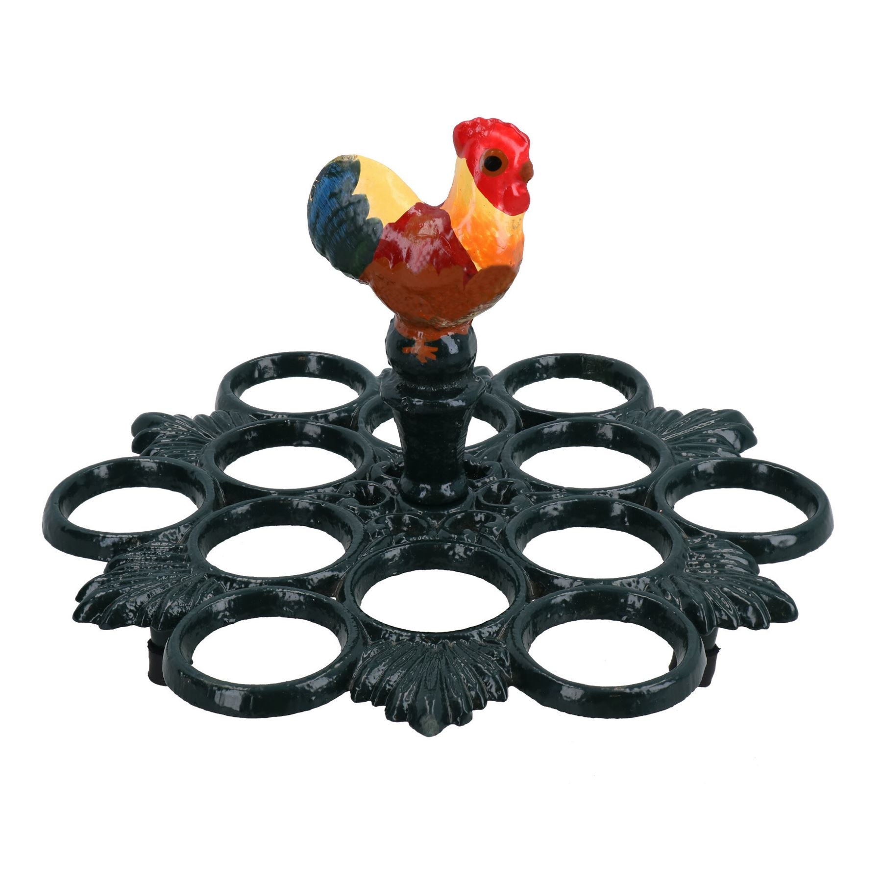 Rooster Cockerel 12 Egg Holder Rack Basket Cast Iron Metal Kitchen Chicken