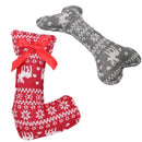 Dog Christmas Gift Plush Play Squeaky Patterned Stocking & Bone Toy Bundle