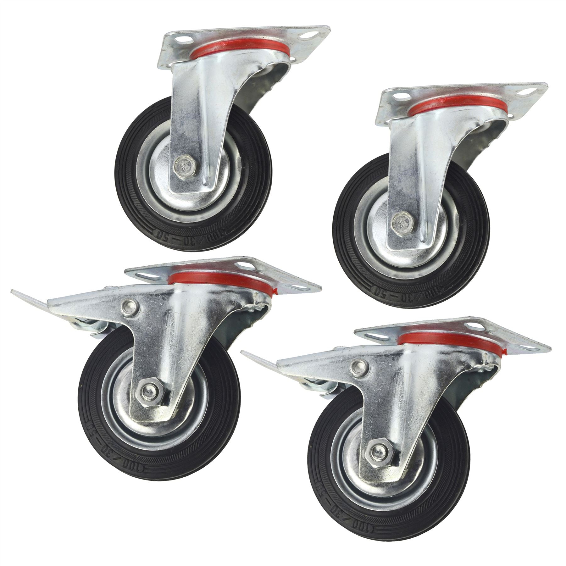 4" (100mm) Rubber Swivel and Swivel With Brake Castor Wheel (4Pack) CST04_05