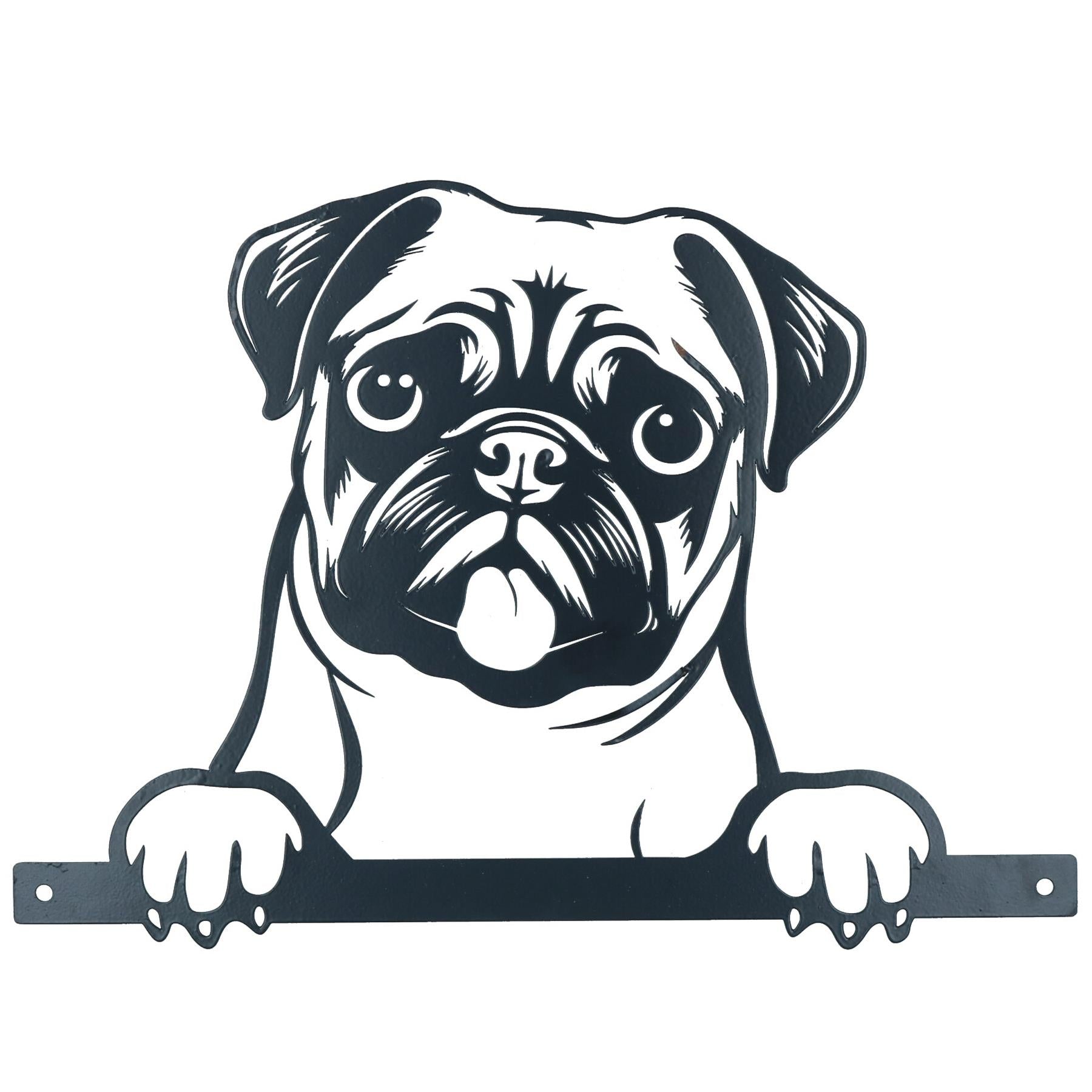 Black Metal Peeking Pug Silhouette with Fixing Plate Garden Ornament Gift