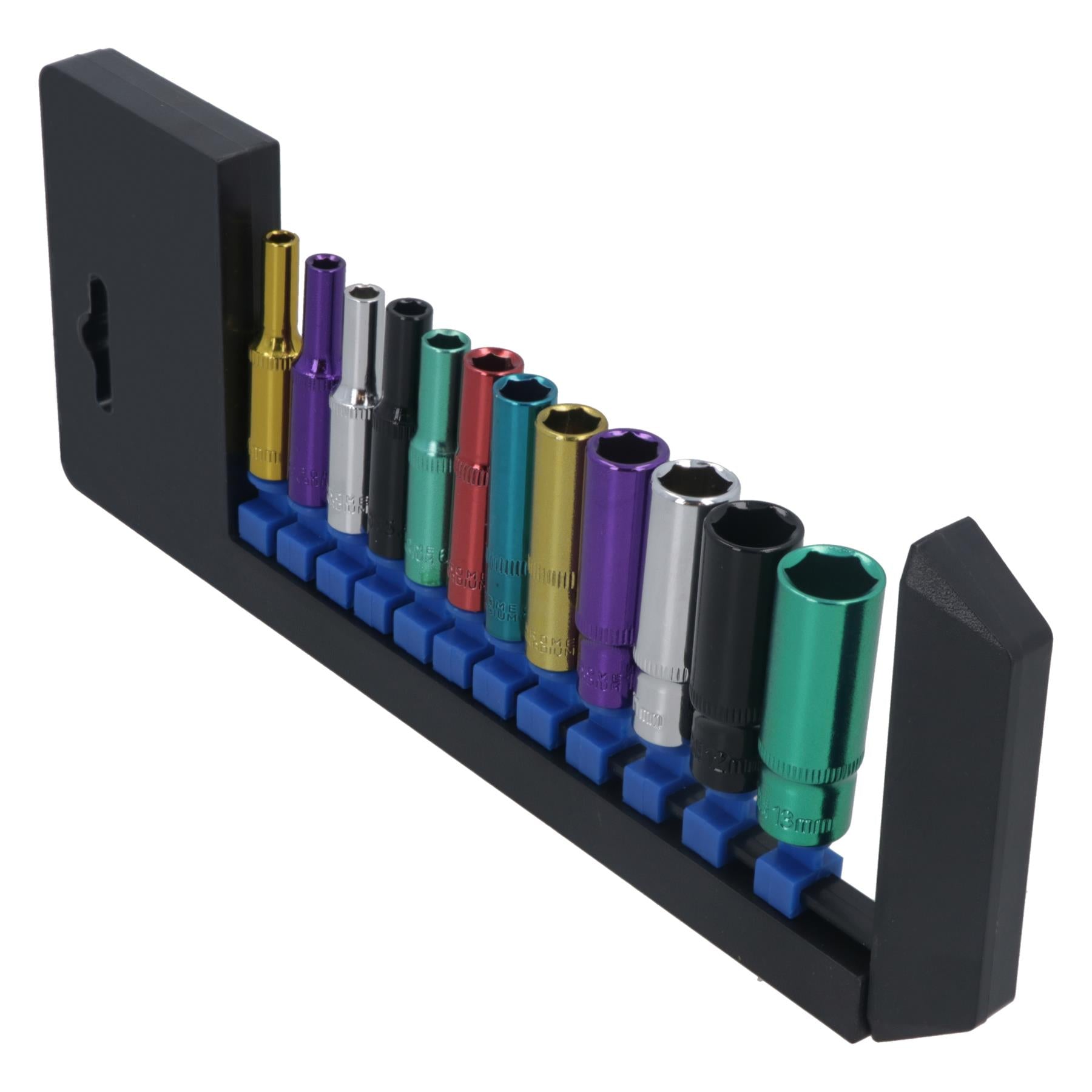 24pc Coloured 1/4" Dr Shallow & Deep Sockets 6 Point Hex Metric 4 - 13mm Rails
