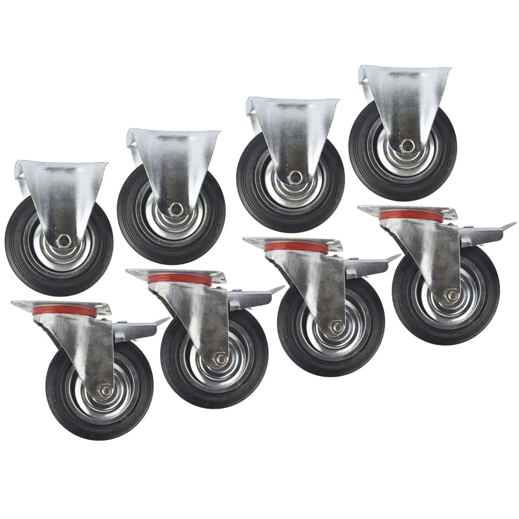 6" (150mm) Rubber Fixed and Swivel With Brake Castor Wheels (8 Pack) CST09_011