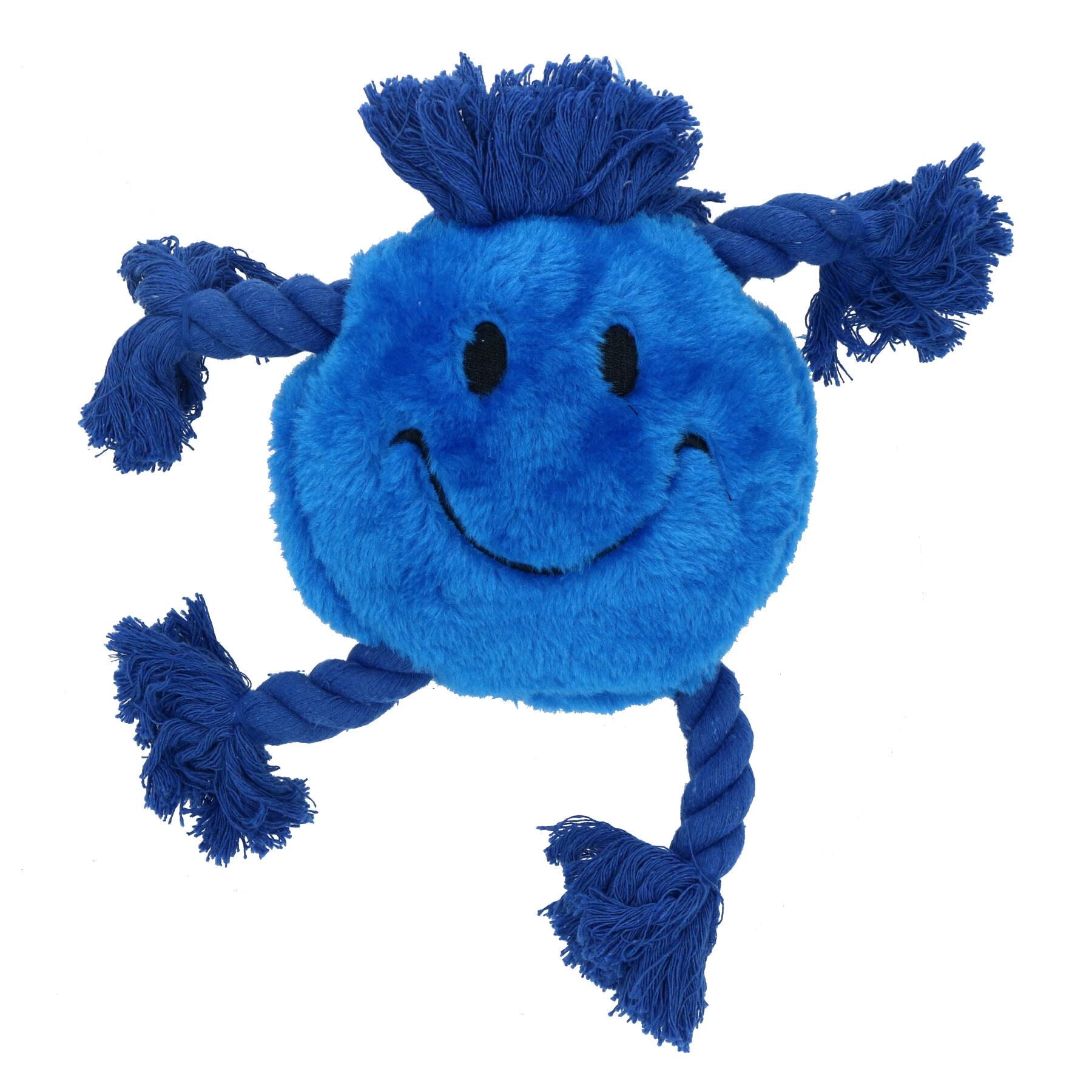 Plush Soft Blue Happy Face Dog Play Toy With Squeak & Rope Arms.