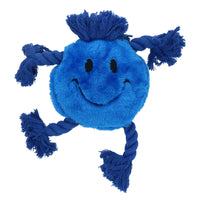 Jouet en peluche doux pour chien au visage heureux bleu avec couinement et bras en corde.