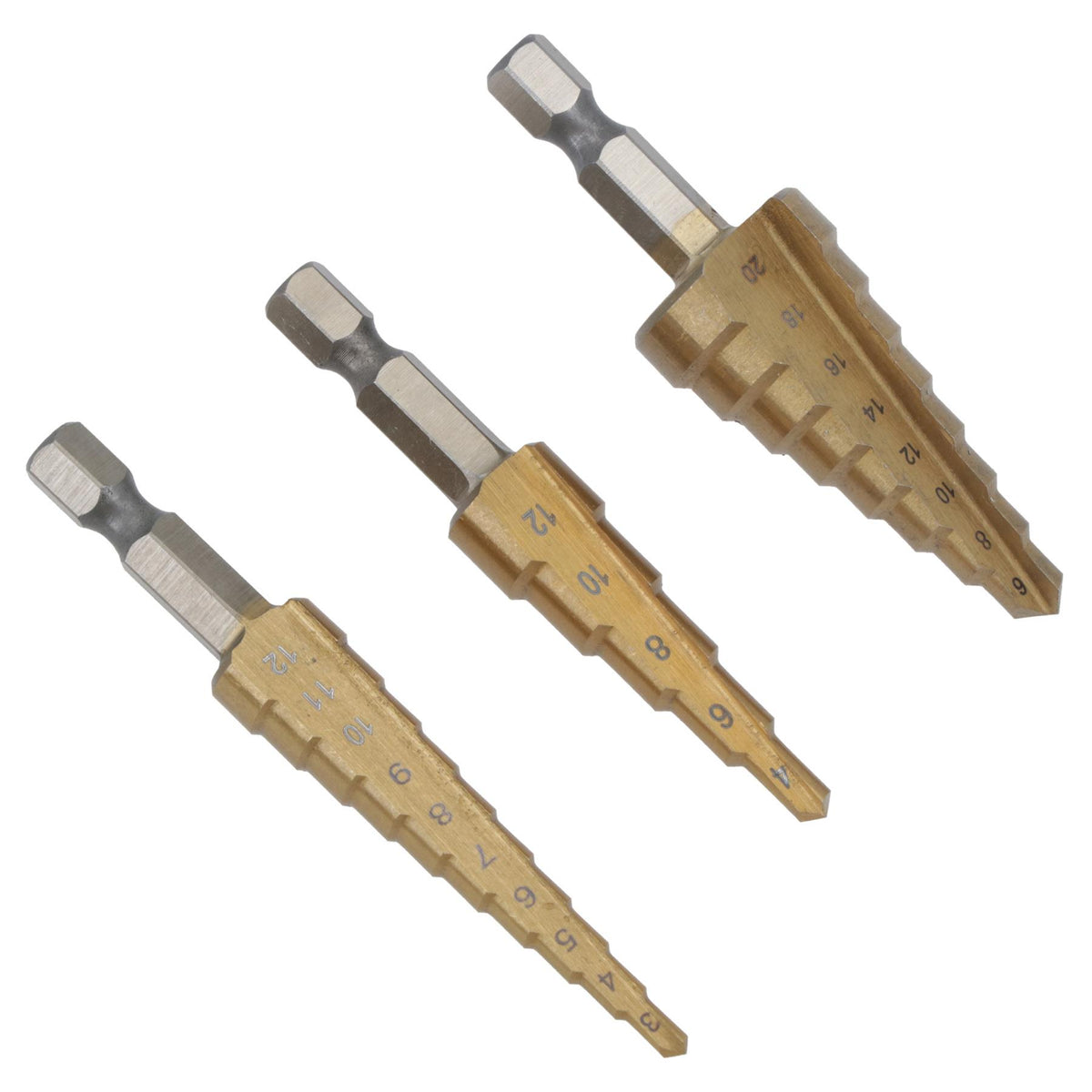 Lot de 3 forets coniques étagés HSS avec revêtement en titane et tige hexagonale pour métal et plastiqueAT018