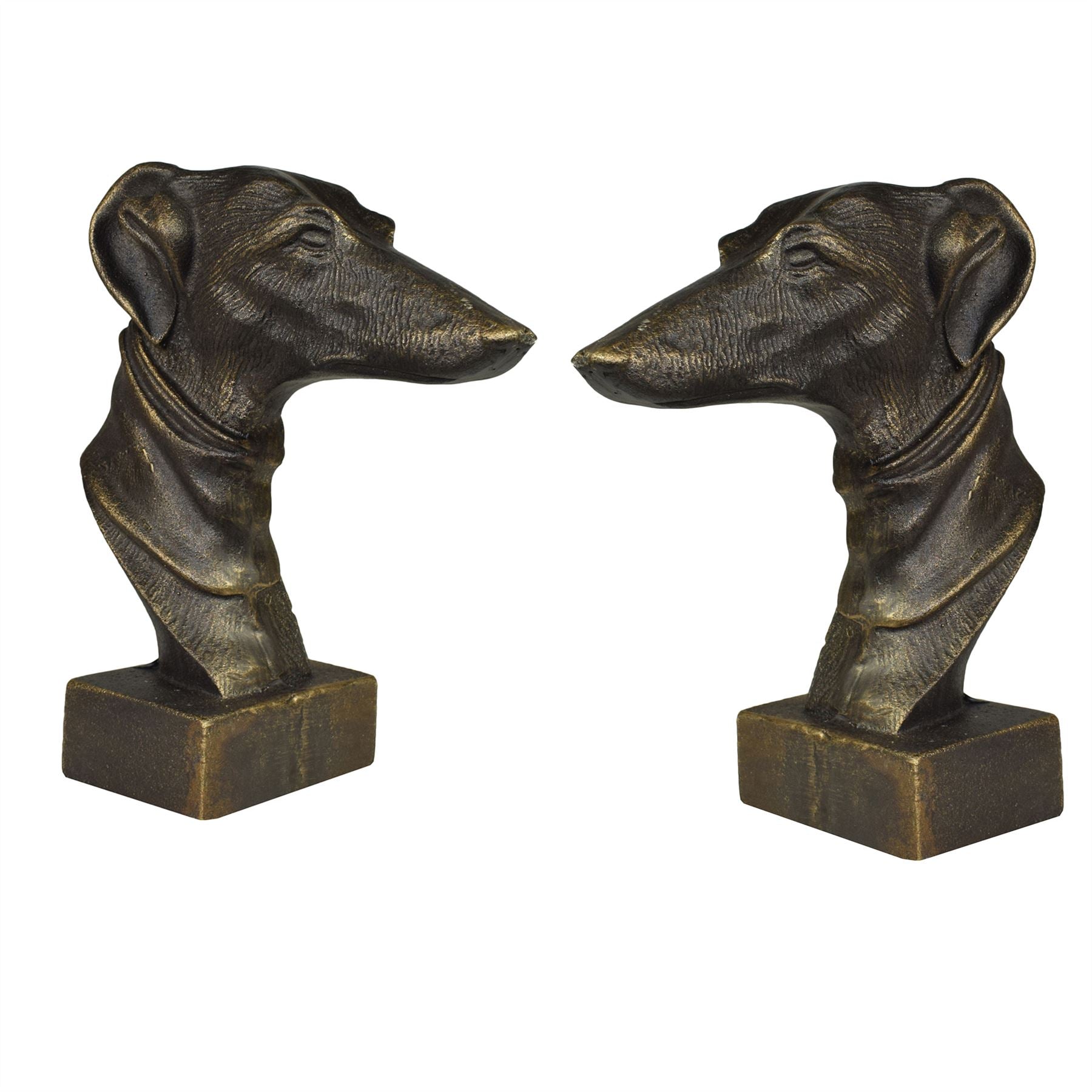 Greyhound Whippet Dog Bust Head Statue Ornament Book End Cast Iron Pair