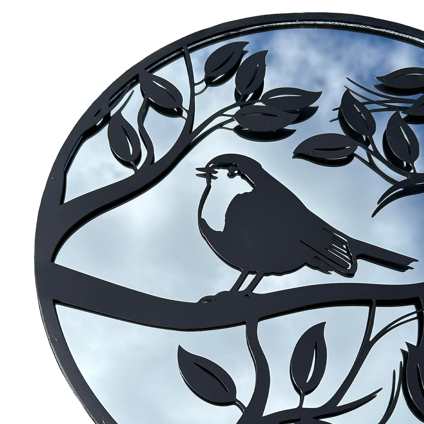 Schwarzer Metallspiegel mit rundem Robin-Motiv, Wandkunst, Garten, Heimgeschenk