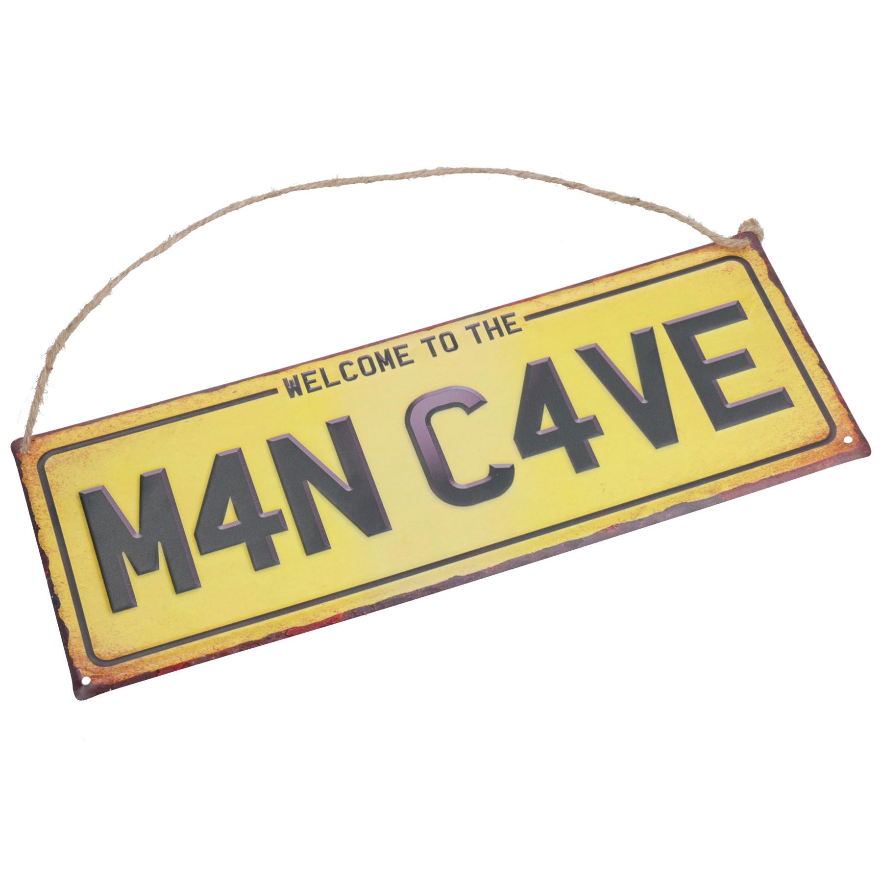 Novelty Hanging 'Welcome To M4N C4VE Metal Sign PrePunched Holes 13x36cm