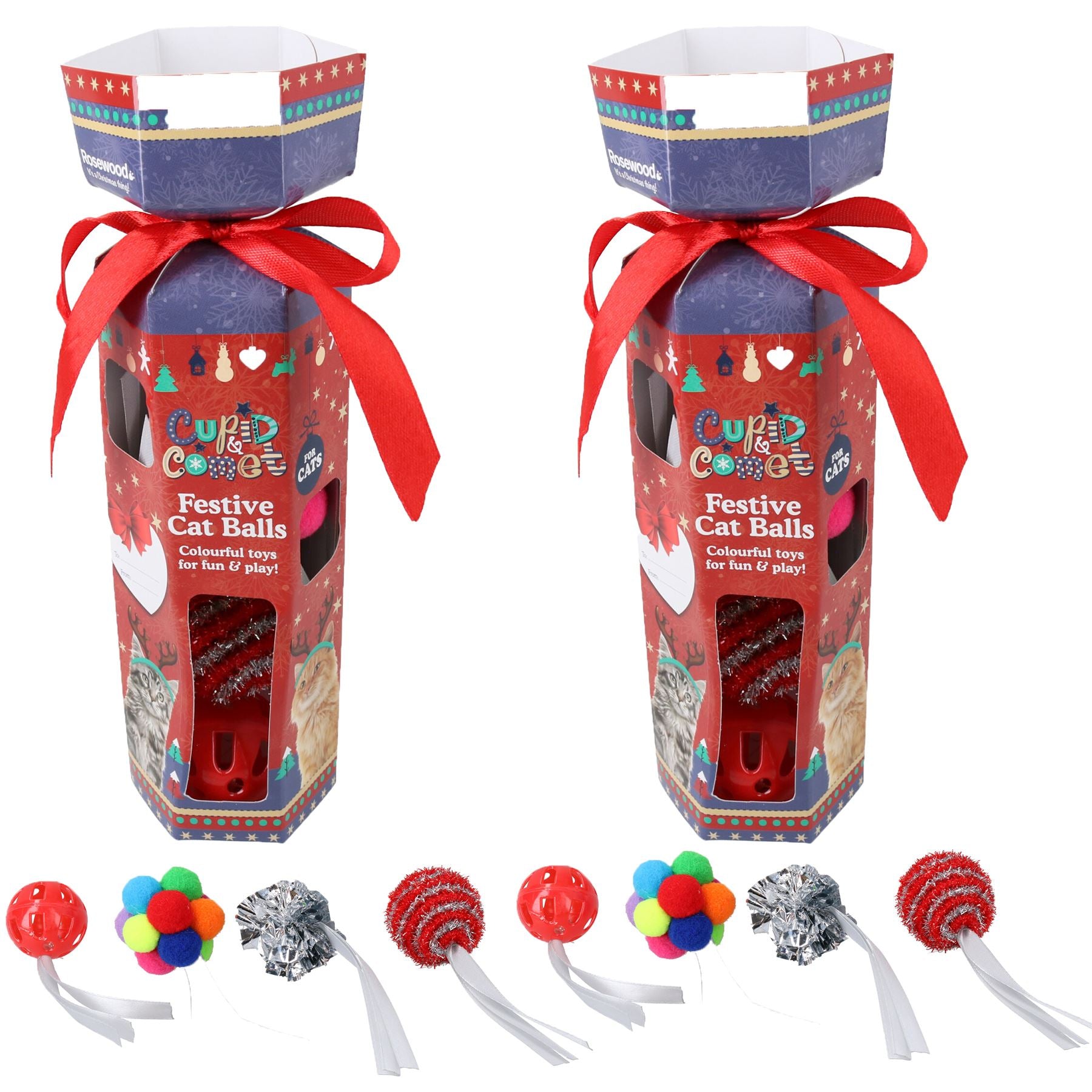 Lot de 2 crackers de Noël festifs pour chat et chaton, contenant 4 boules de textures différentes