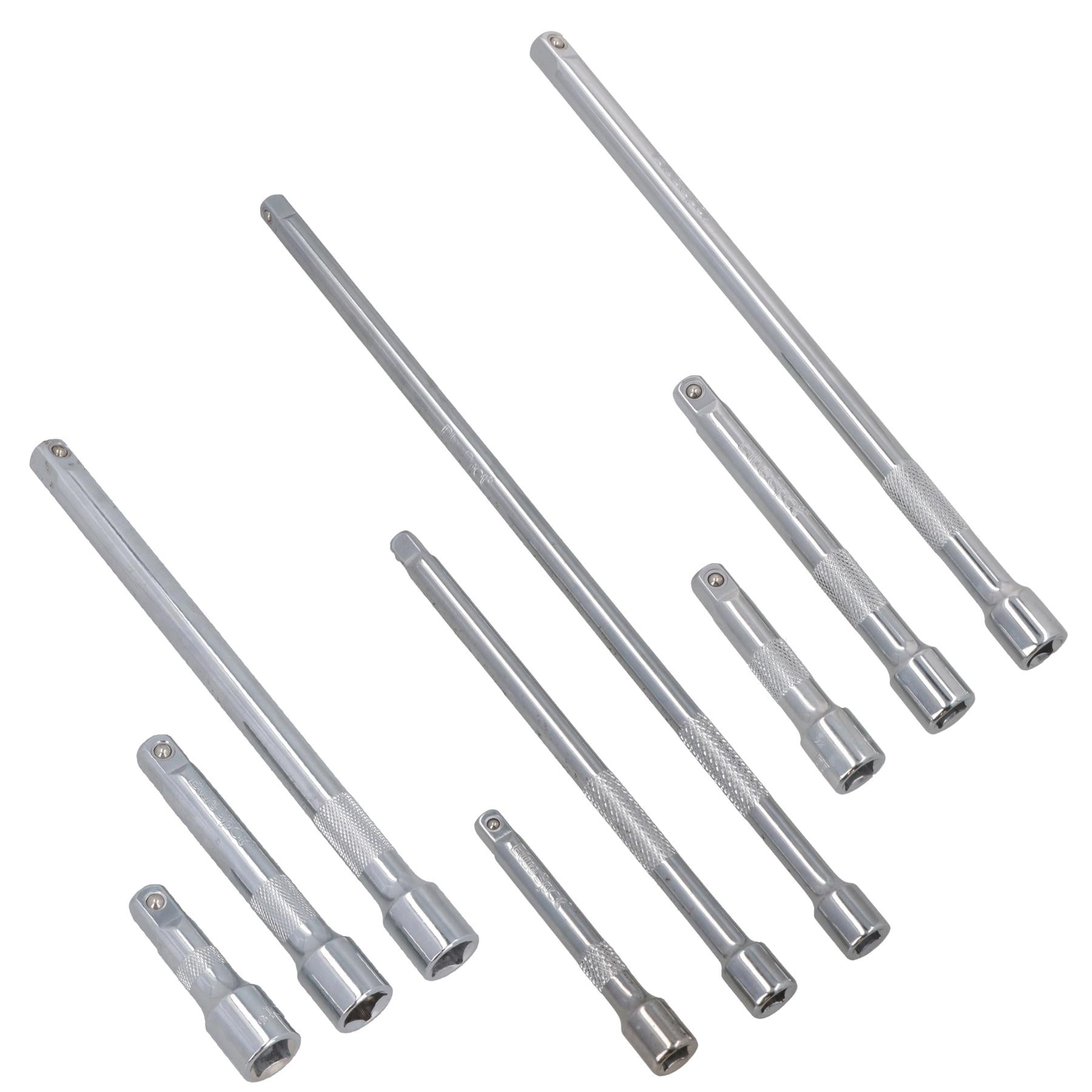 9-teiliges Verlängerungsset mit geraden Stecknüssen, 1/4 Zoll, 3/8 Zoll und 1/2 Zoll Antrieb, 75 mm, 125 mm, 250 mm