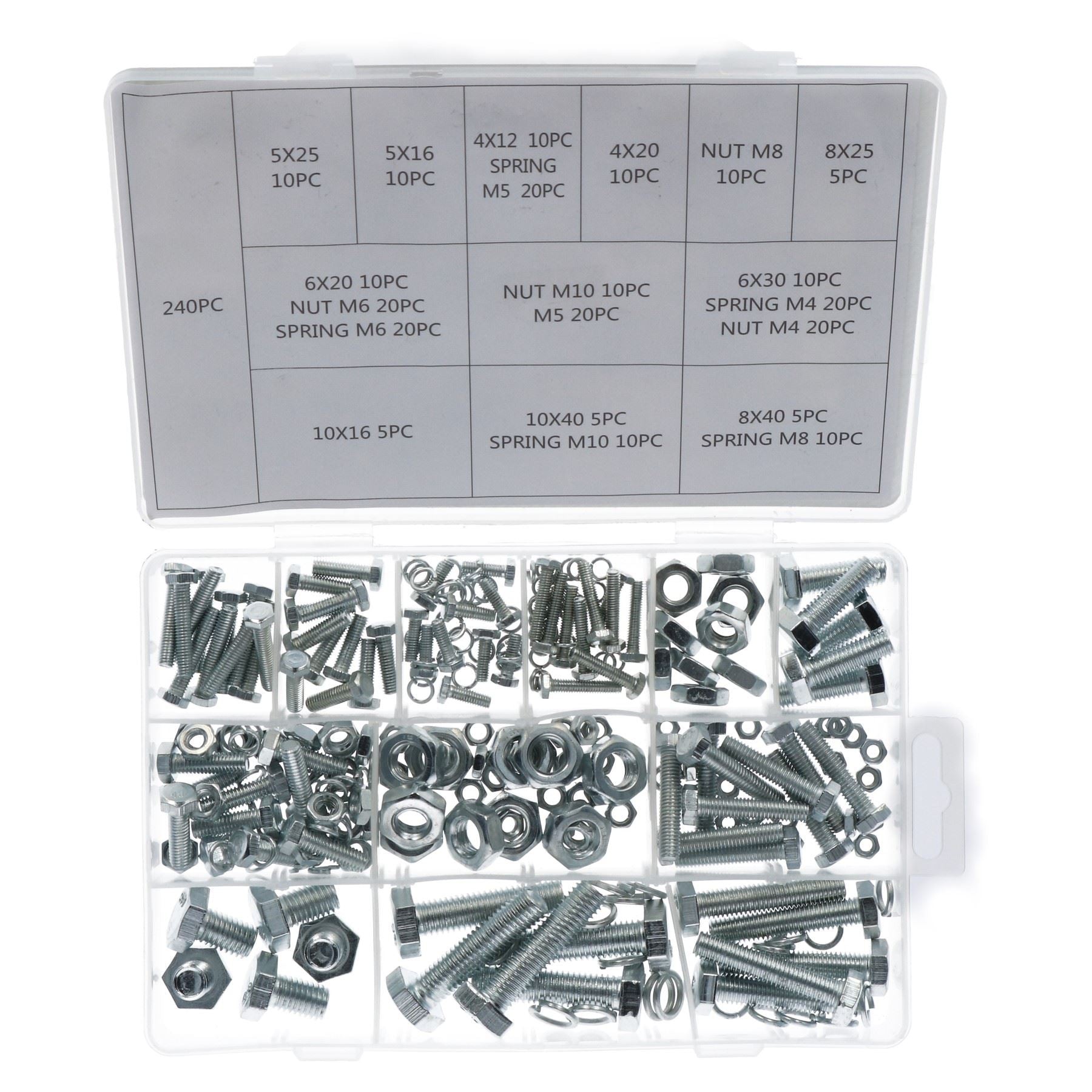 240pc Nuts and Bolts Spring Washers Metric M4 - M10 Hex Head Steel Full Thread
