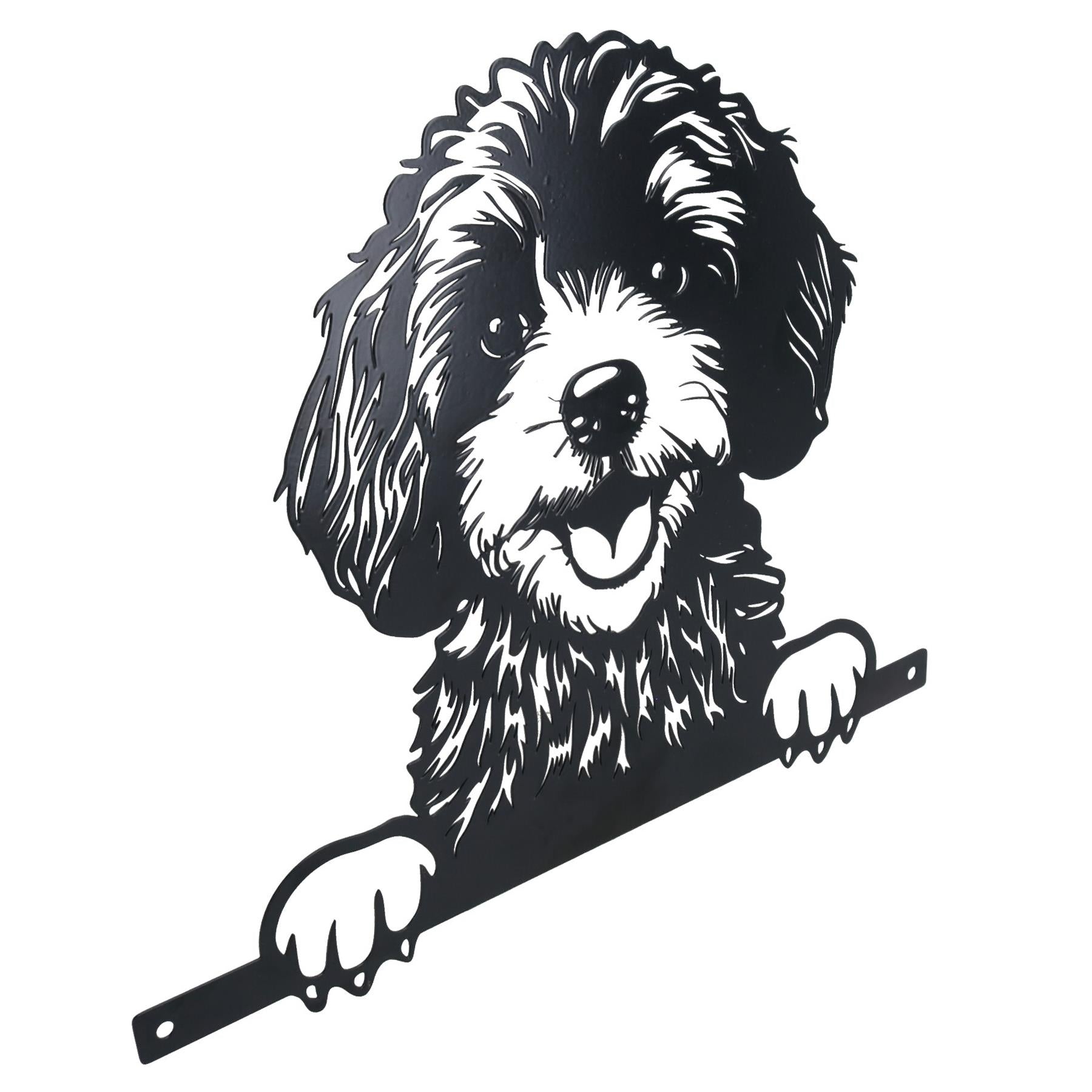 Schwarzes Metall, guckende Cockapoo-Silhouette mit Befestigungsplatte, Gartenfigur, Geschenk