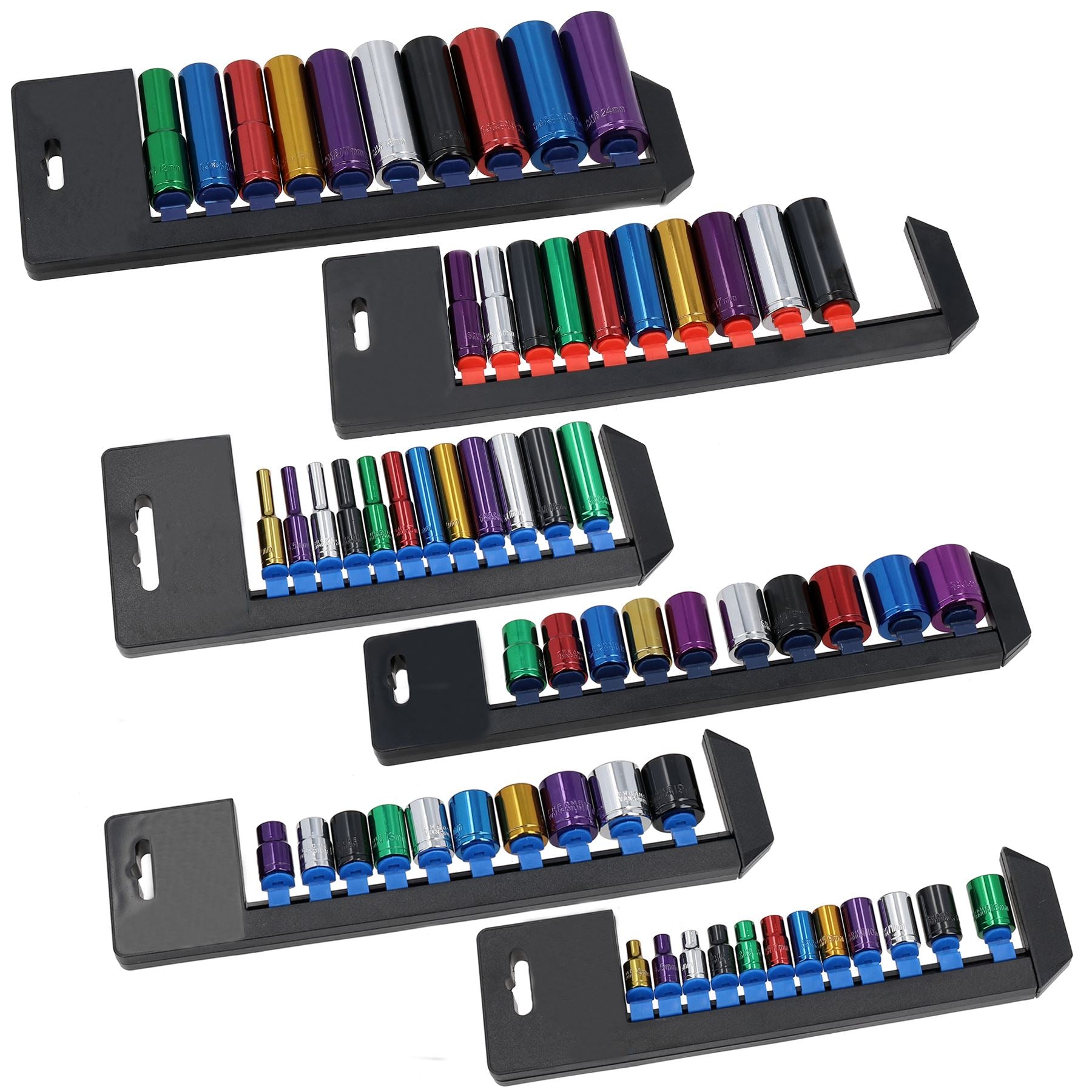 Douilles métriques 1/4" 3/8" + 1/2" profondes + peu profondes à code couleur 4 - 24 mm Kit 64 pièces