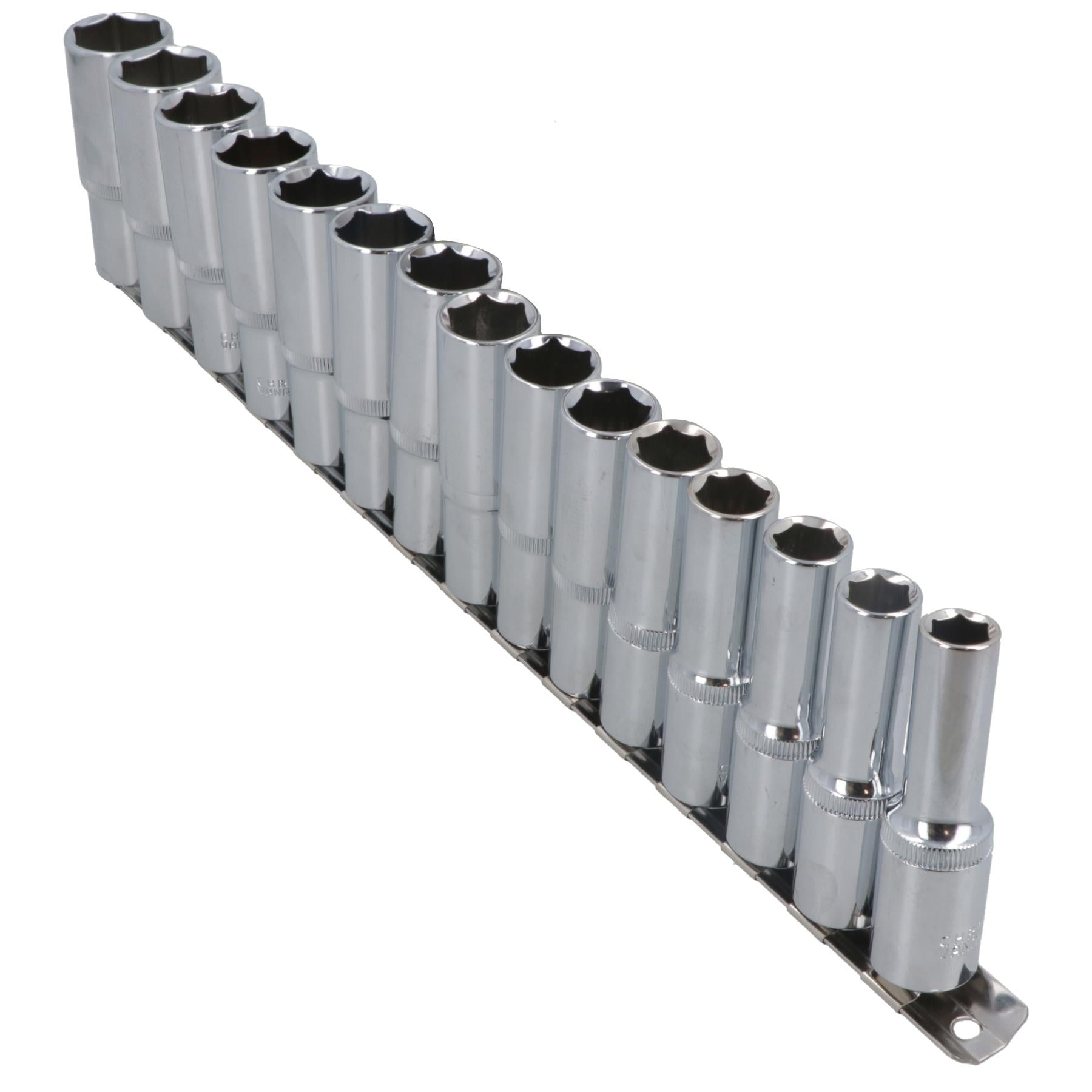 15pc 1/2" dr Deep Reach CRV Sockets On Rail 10-24mm Hex 6 Point Metric TE885