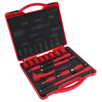 Coffret d'outils et d'accessoires pour douilles métriques isolées VDE à entraînement 3/8" 16 pièces hexagonales + barre en T