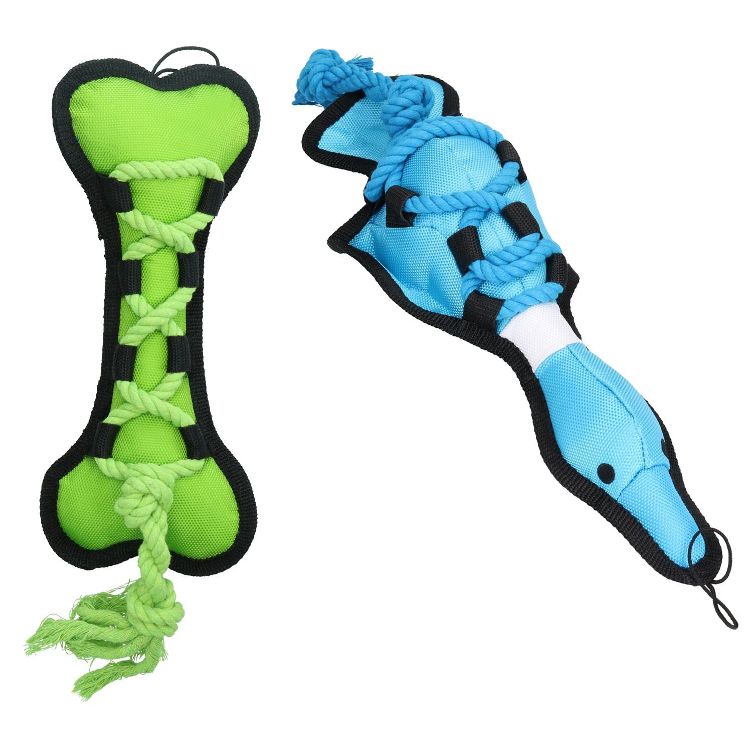 Blue Cross Tug Rope Duck & Green Cross Tug Bone Dog Play Toy With Squeak