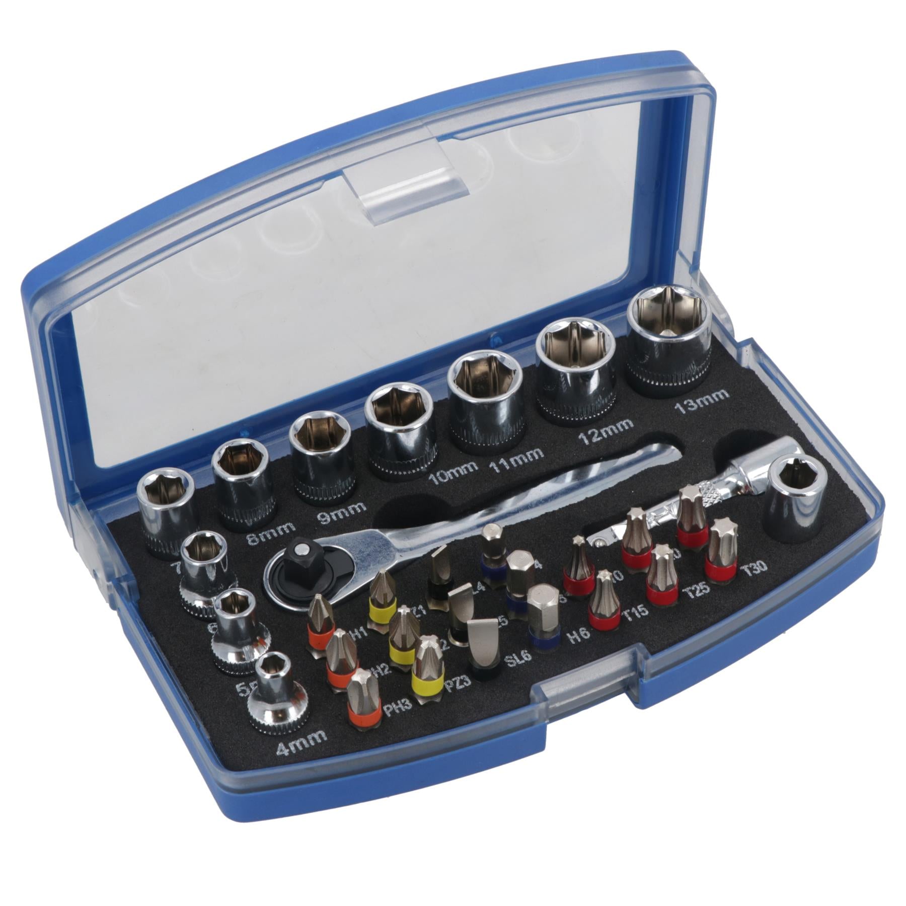 31-teiliges metrisches Steckschlüssel- und Zubehör-Schraubendreherbit-Set mit 1/4-Zoll-Antrieb, 4–13 mm