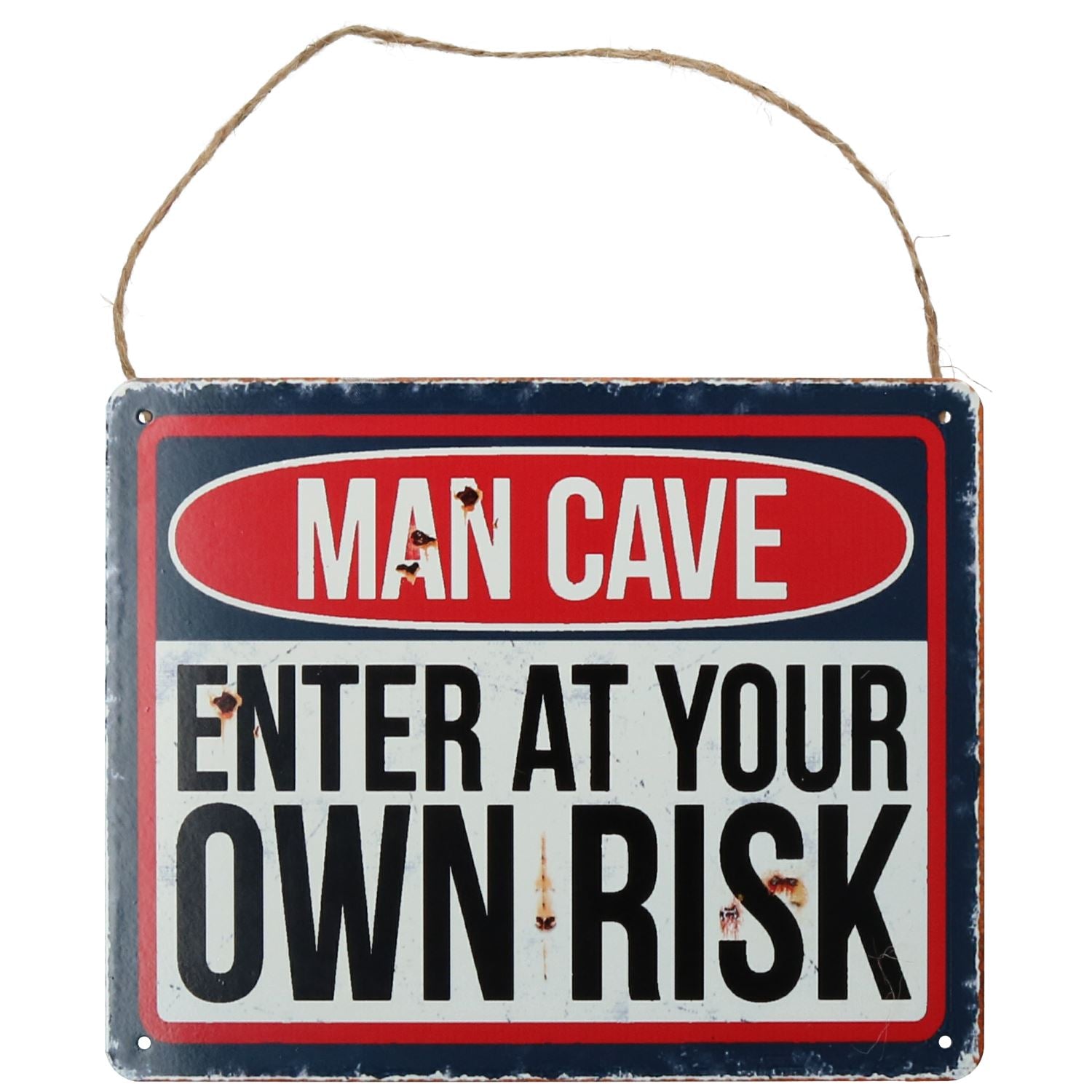 Hanging 'Man Cave Enter At Own Risk'Metal Sign PrePunched Holes 20x25cm