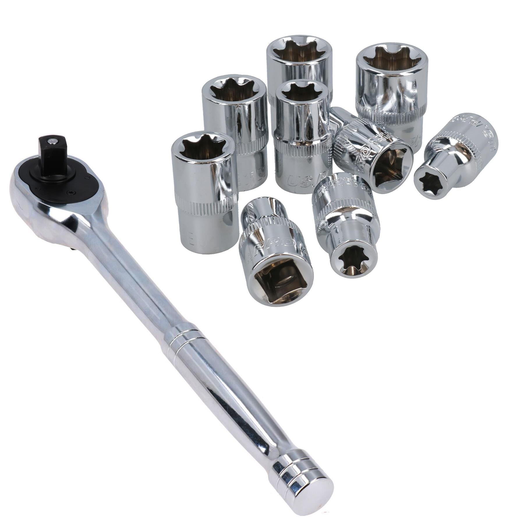 1/2" Drive Straight Ratchet + Female Torx Star E sockets E10 – E24 10pc Set