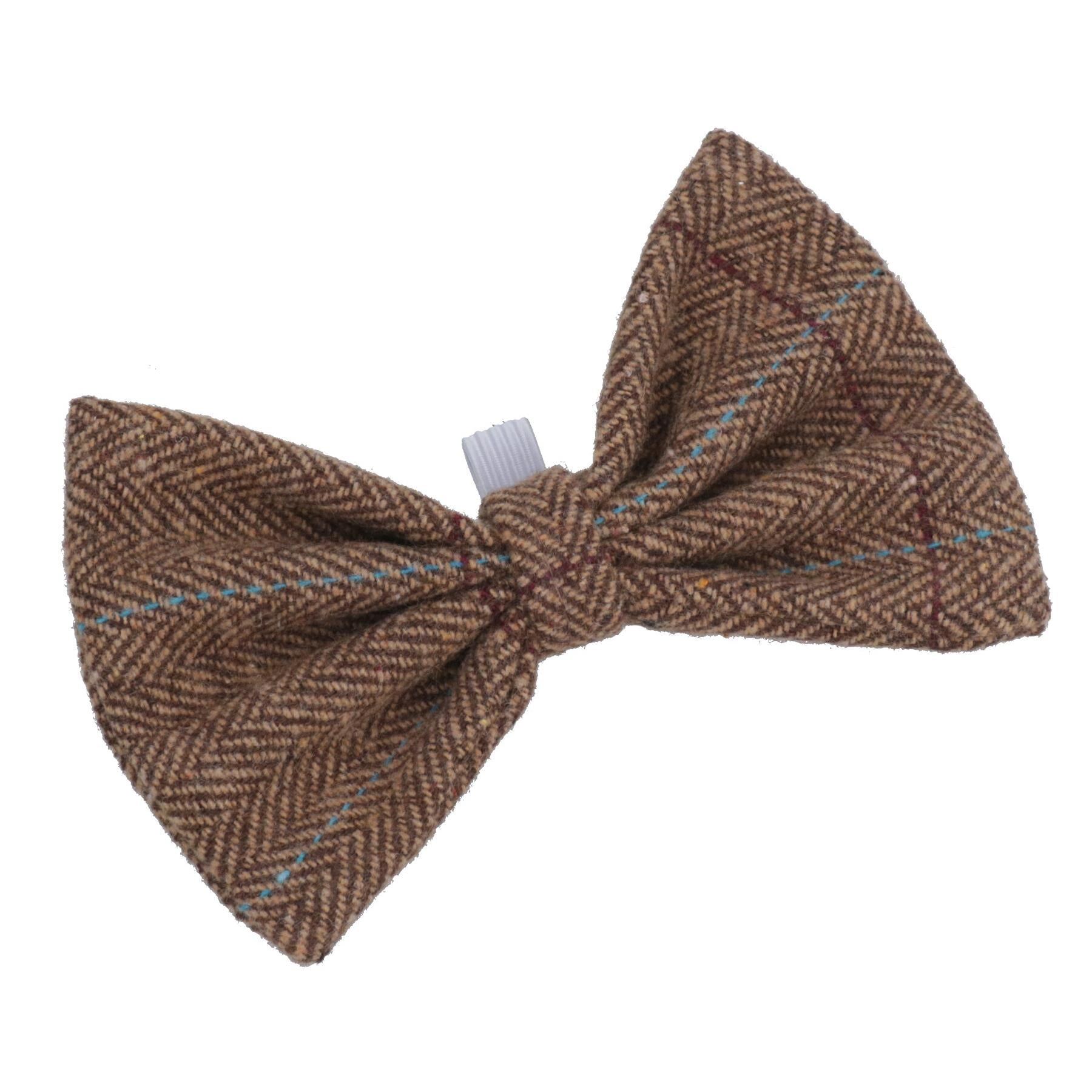 One Size Stylish Brown Tweed Dog Bow Tie For Fashionable Dogs With Collar Loop