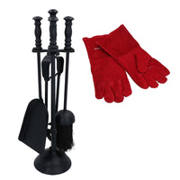 5pc Log Burner Fire Fireside Fireplace Companion Set & Heat Resistant Gloves