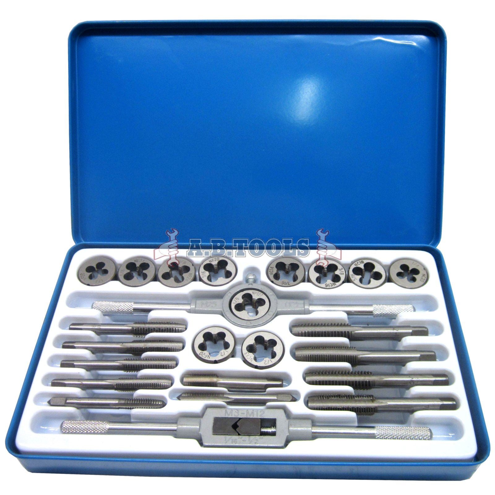 UNF (AF) and UNC Tap and Die 24pc Set Imperial with Metal Case TE104