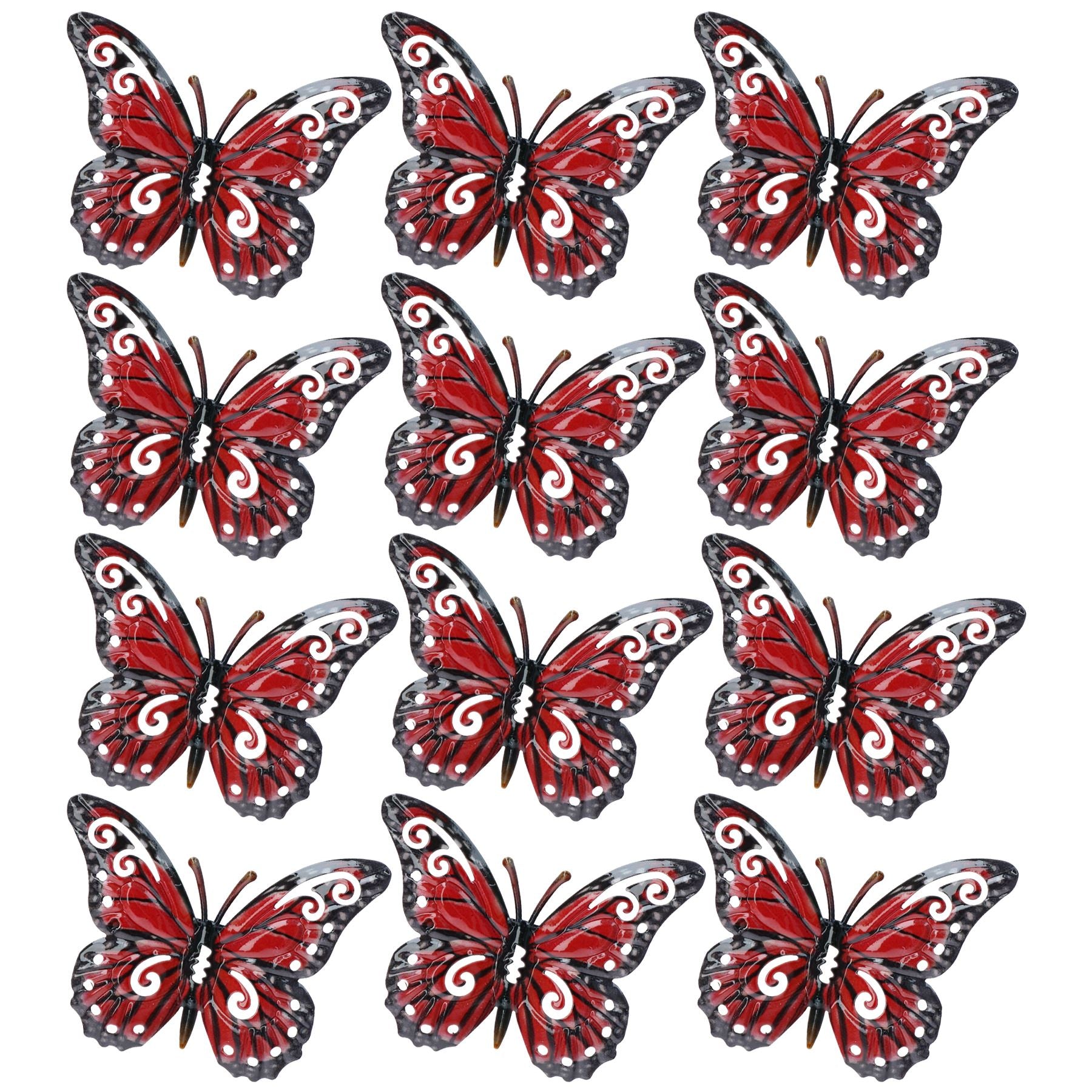 Set of 12 Red Small Metal Butterflies Garden/Home Wall Art Ornament