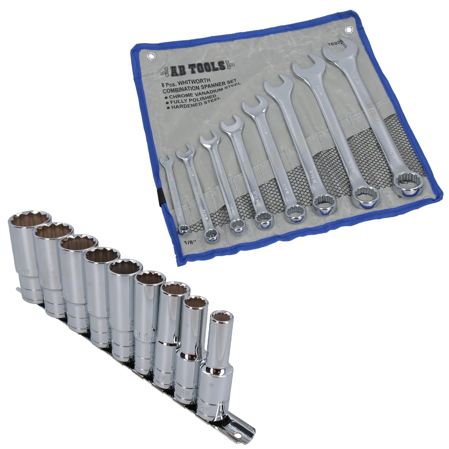 Jeu de 17 clés mixtes BSW British Whitworth + douilles profondes