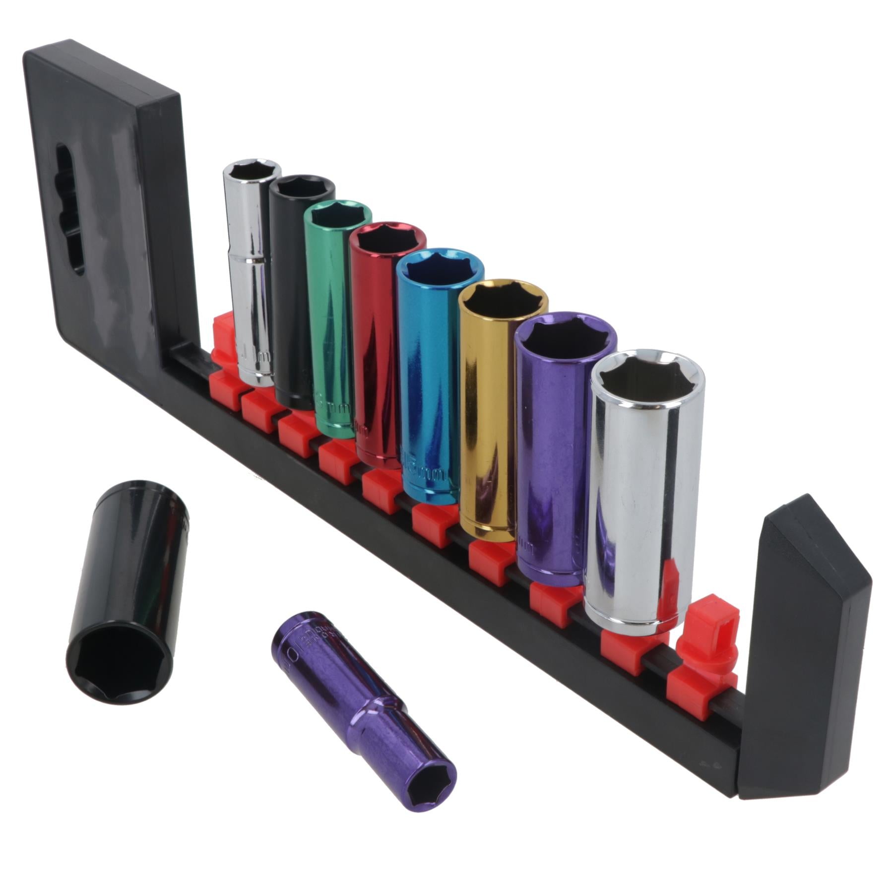 10pc Coloured 3/8" Dr Deep Sockets 6 Point Hex Metric 10 - 19mm With Rail