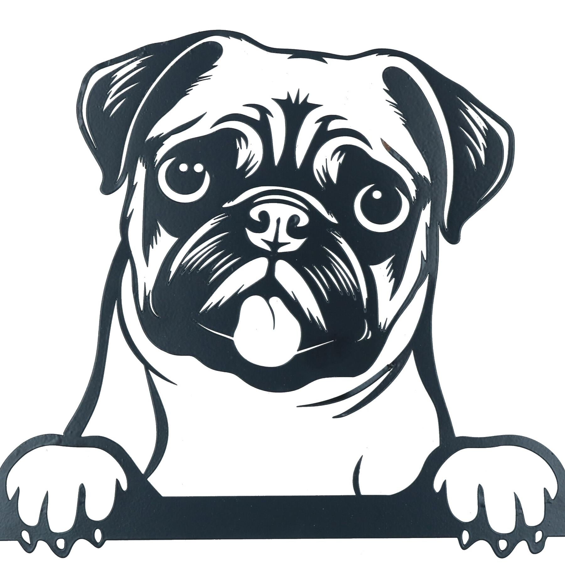 Black Metal Peeking Pug Silhouette with Fixing Plate Garden Ornament Gift