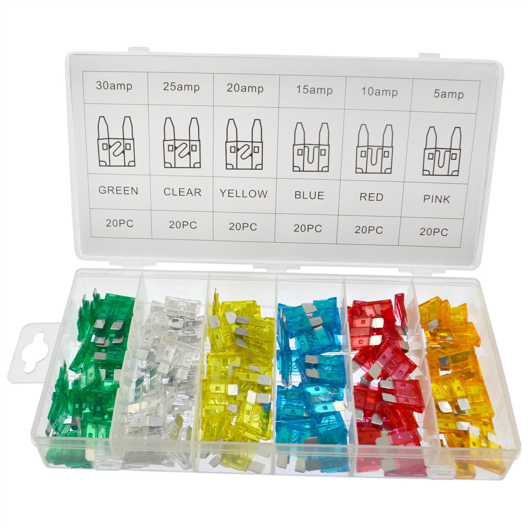 120pc Standard Car Blade Fuse Assortment 5 / 10 / 15 / 20 / 25 / 30 Amp CE ROHS