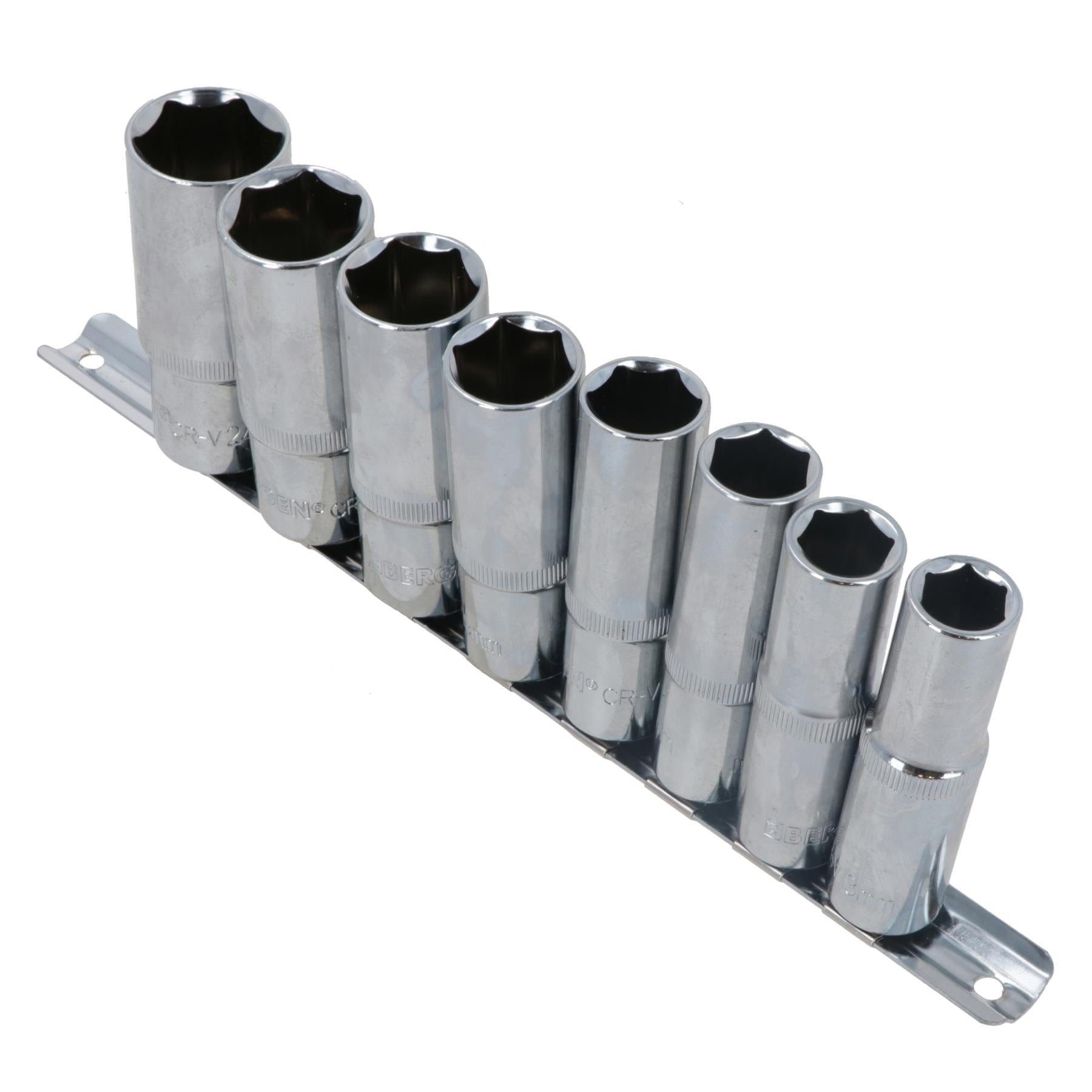Douilles métriques profondes à entraînement 1/2" 13 mm - 24 mm 6 faces sur rail 8 pièces par Bergen AU054