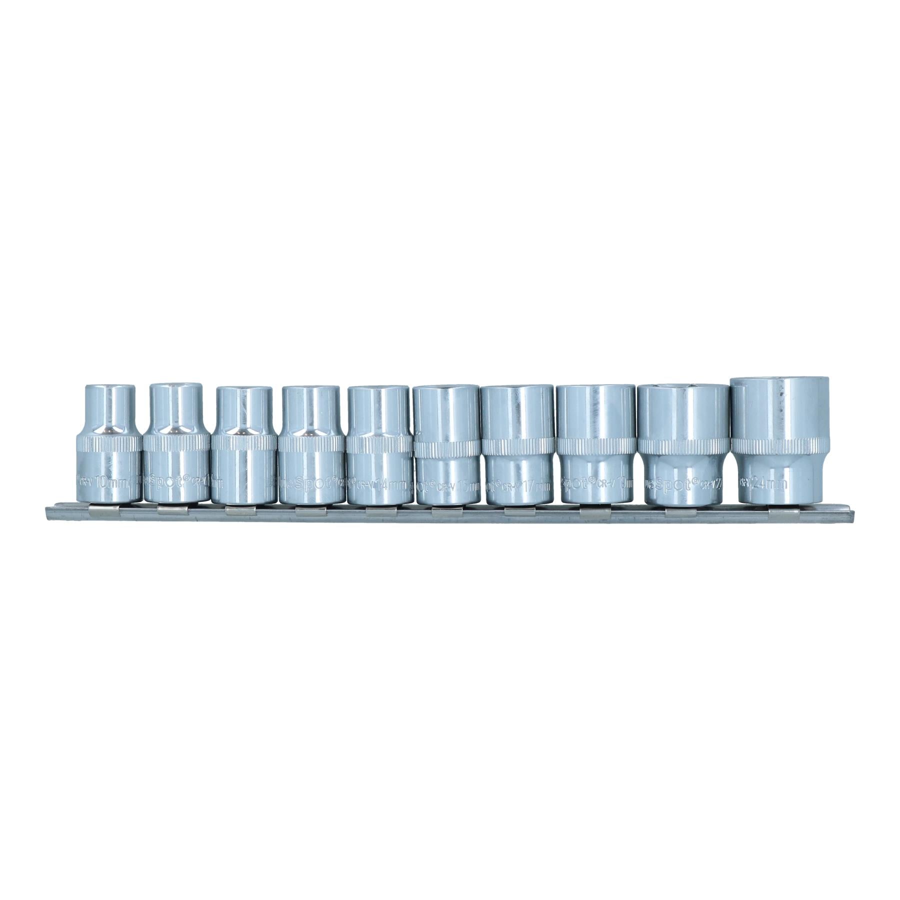 10pc 1/2" Drive Shallow Metric Socket Set 6-Sided Hex Sockets 10 - 24mm on Rail
