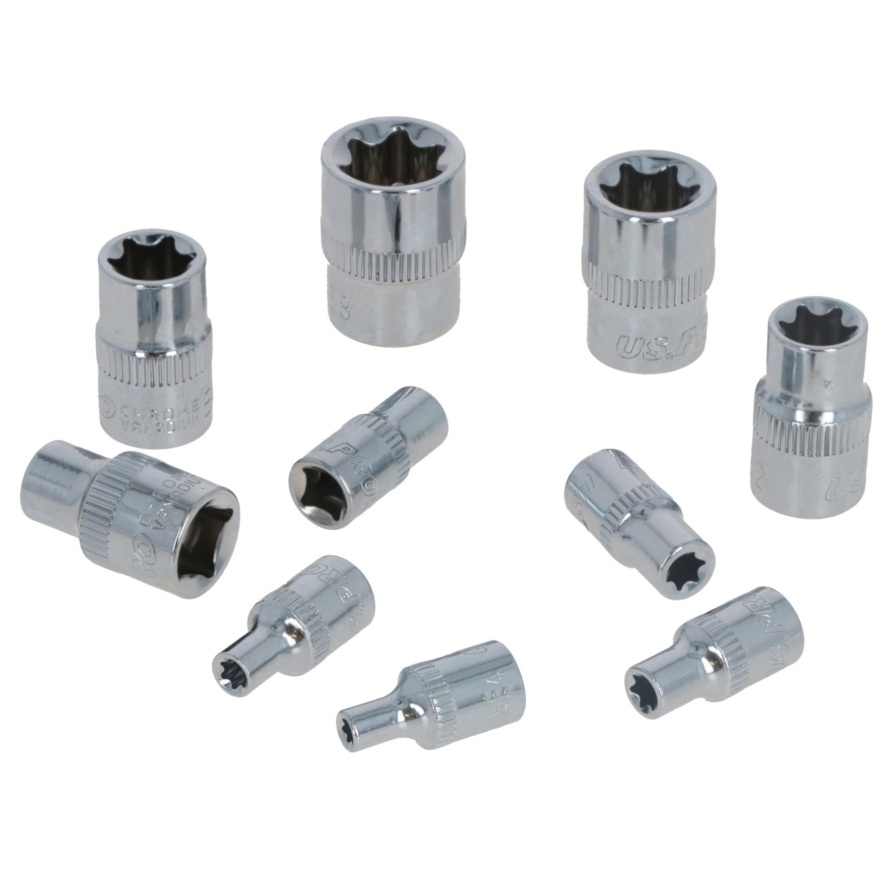 Jeu de 10 douilles femelles Torx/étoiles, entraînement 1/4" et 3/8", douilles E4 - E18