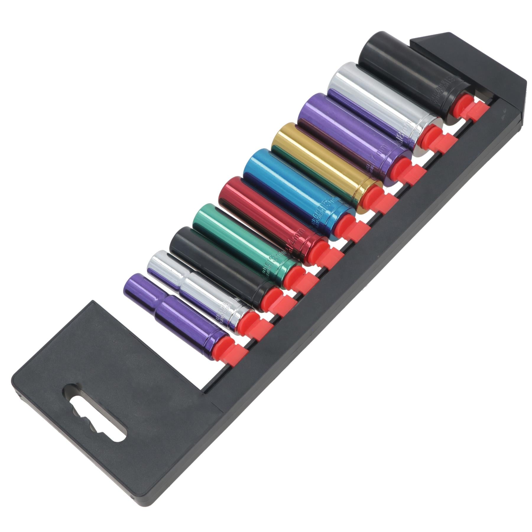 10pc Coloured 3/8" Dr Deep Sockets 6 Point Hex Metric 10 - 19mm With Rail