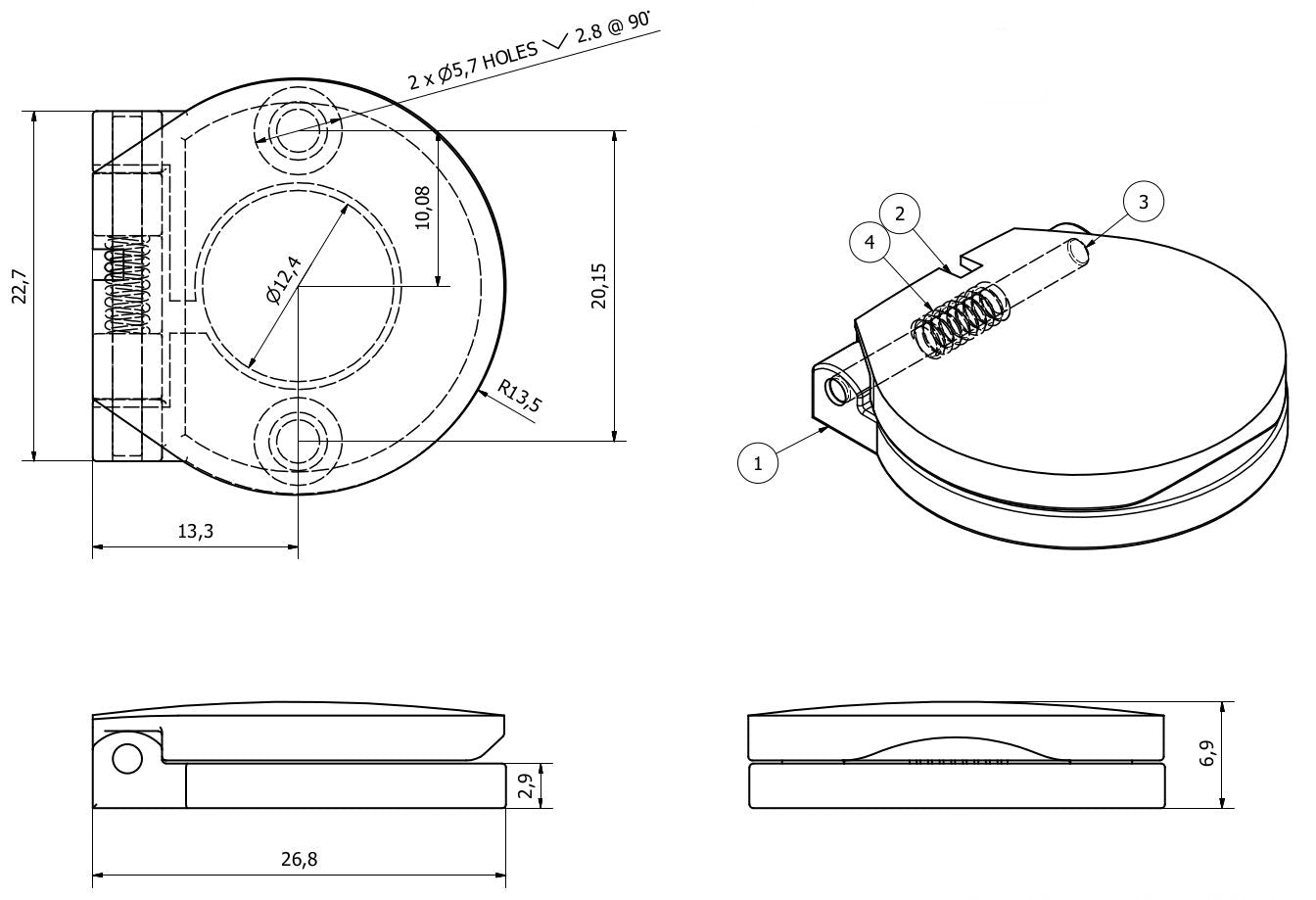 Cache-clé à ressort en chrome poli 27 mm pour trou de 12 mm