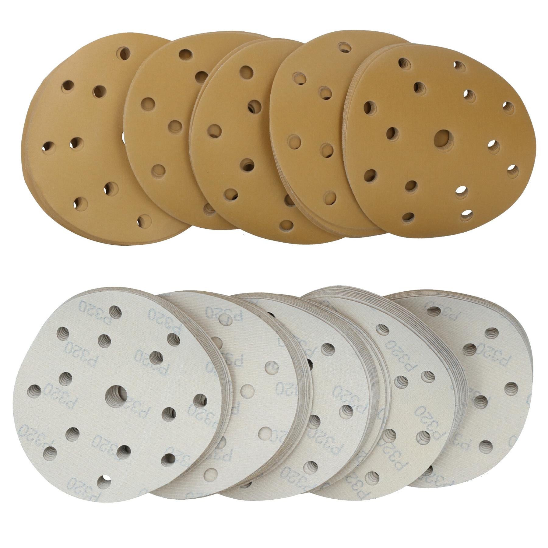 150mm Sanding Discs Aluminium Oxide Abrasive 320 Grit 15 Hole Hook + Loop